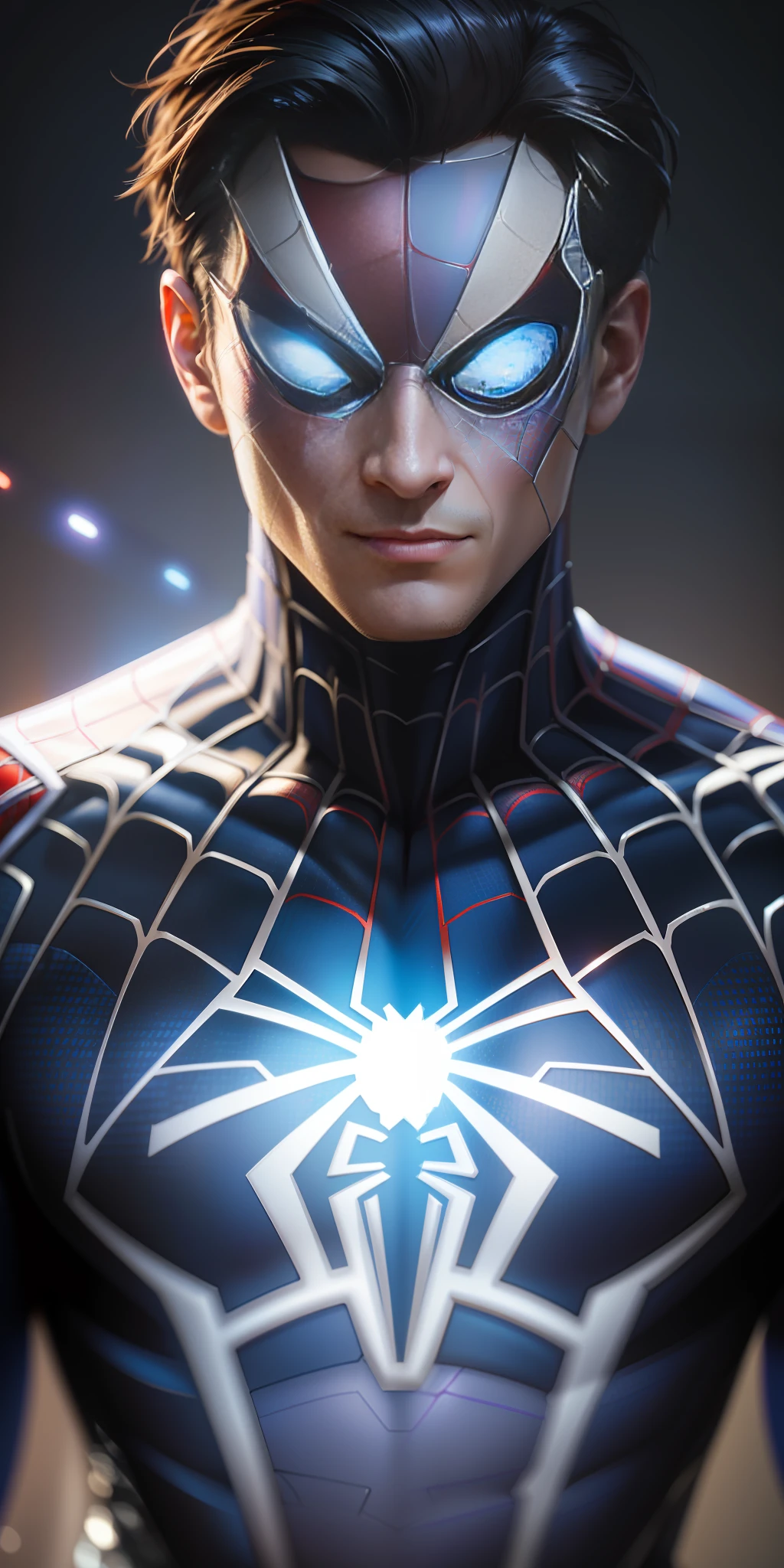 a close up of a man with a spider - man costume on, portrait of spiderman, futuristic style spiderman, super detailed render, highly detailed spider - man, 3 d render character art 8 k, high detail iconic character, medium close - up ( mcu ), high quality cg render, peter parker, hyper realistic render, peter parker as spiderman, hyper detailed photorealistic