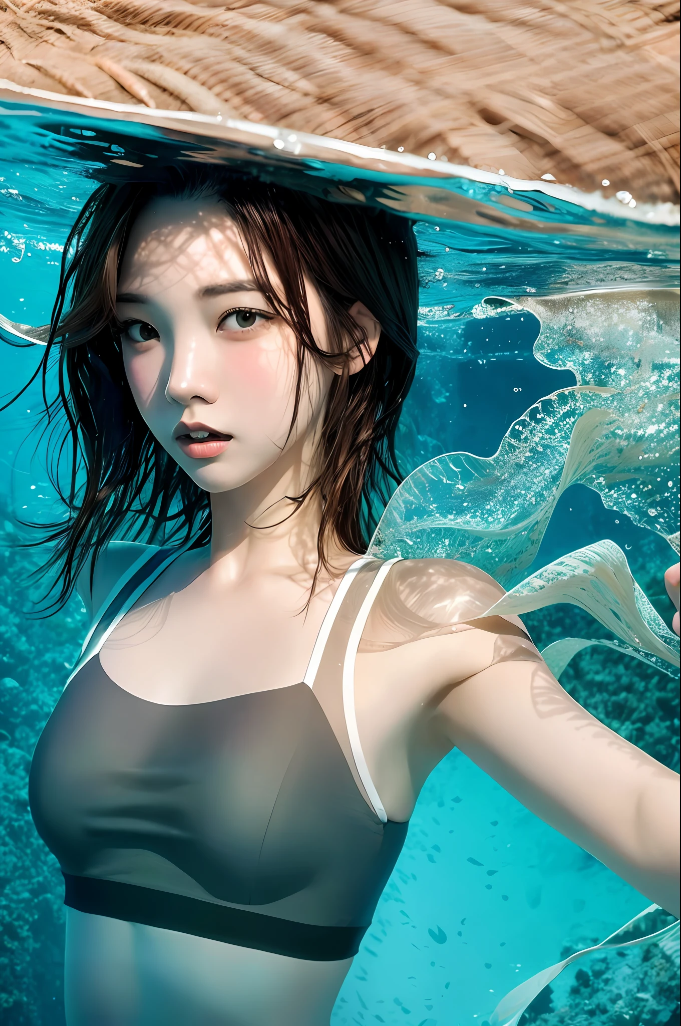 A beautiful underwater beautiful girl with short brown fringed hair and brown eyes