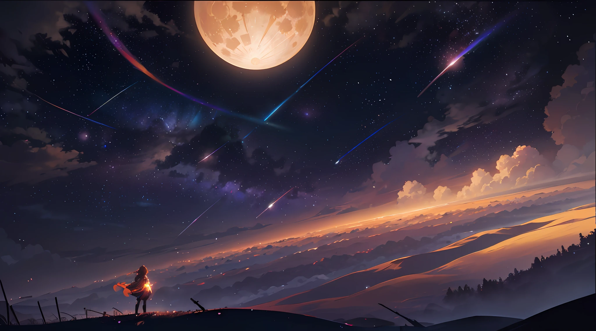 A wide landscape photo, (viewed from below, the sky is above, and the open field is below), a girl standing on a flower field looking up, (full moon: 1.2), (meteor: 0.9), (nebula: 1.3), distant mountains , Trees BREAK Crafting Art, (Warm Light: 1.2), (Firefly: 1.2), Lights, Lots of Purple and Orange, Intricate Details, Volumetric Lighting BREAK (Masterpiece: 1.2), (Best Quality), 4k, Ultra Detailed, (Dynamic Composition: 1.4), Rich in Detail and Color, (Rainbow Color: 1.2), (Glow, Atmospheric Lighting), Dreamy, Magical, (Solo: 1.2) --auto --s2