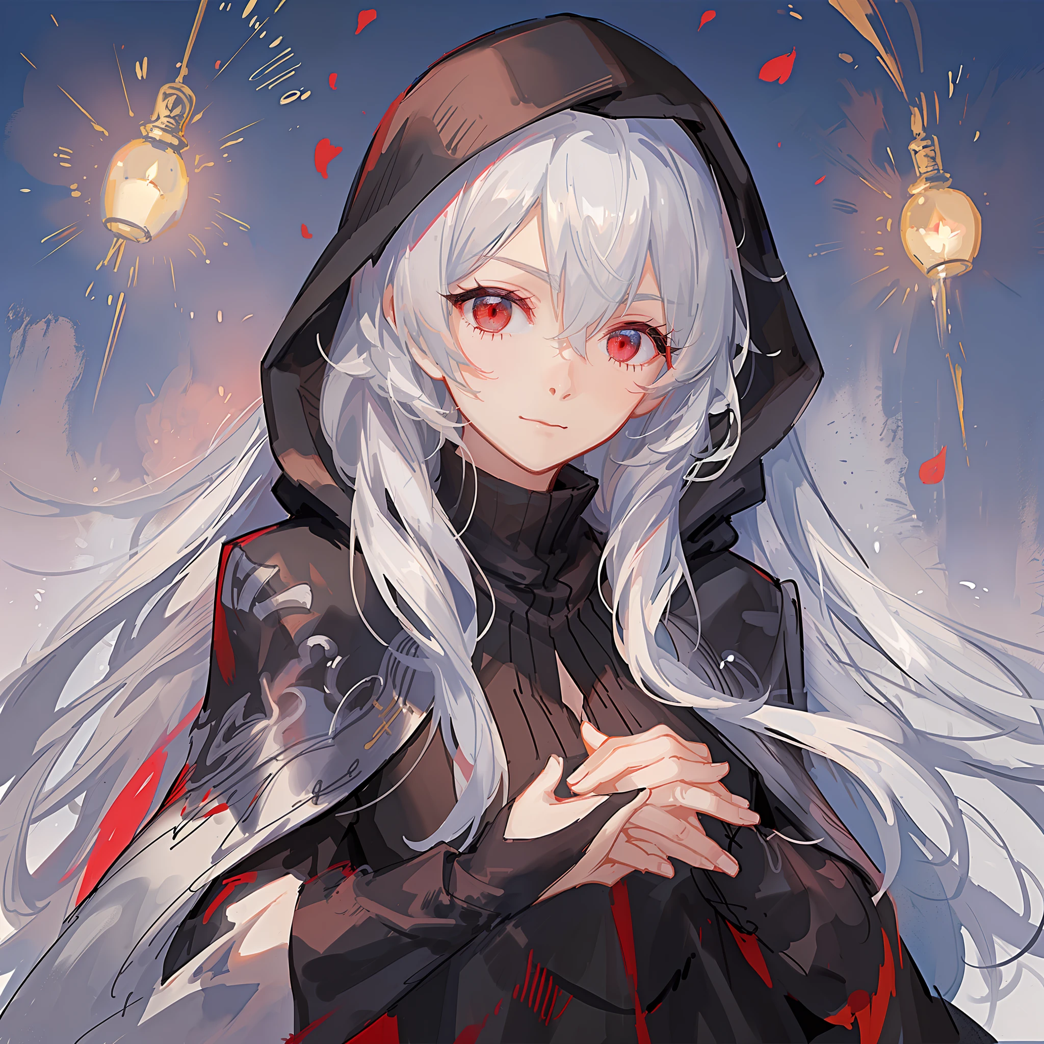 Girl, black robe, hood, cape, red eyes, long white hair, calm expression, faint smile, anime, hand holding candle