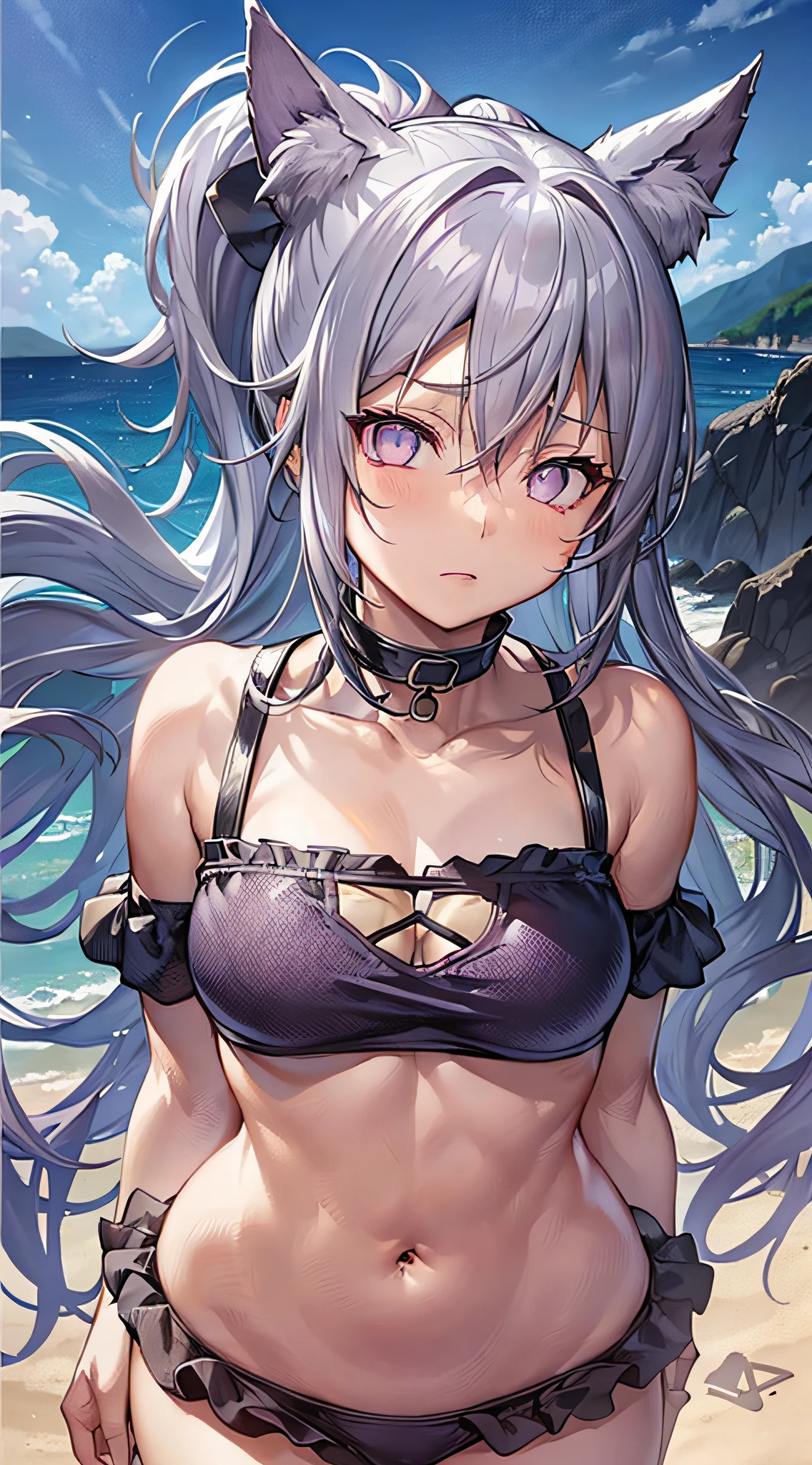 Movie angle, depth of field, (viewer view), (front right: 1), (standing photo: 1), , cat ears girl, (solo),silver hair,(white skin:1), (curvaceous:1.2), (wide hips:1.1), girl with cat ears, (beautiful beach background)(coast background: 1.4)(coast background: 1.4), (red bikini)(bare shoulders, red school swimsuit), (t-back panties) :1.2), (sharp claws, detailed horns, choker, thigh-high boots, (ponytail, hair between the eyes), (silver-haired), (purple-eyed), (flat chest: 1.2), expressionless, stunned, sleepy, wakame