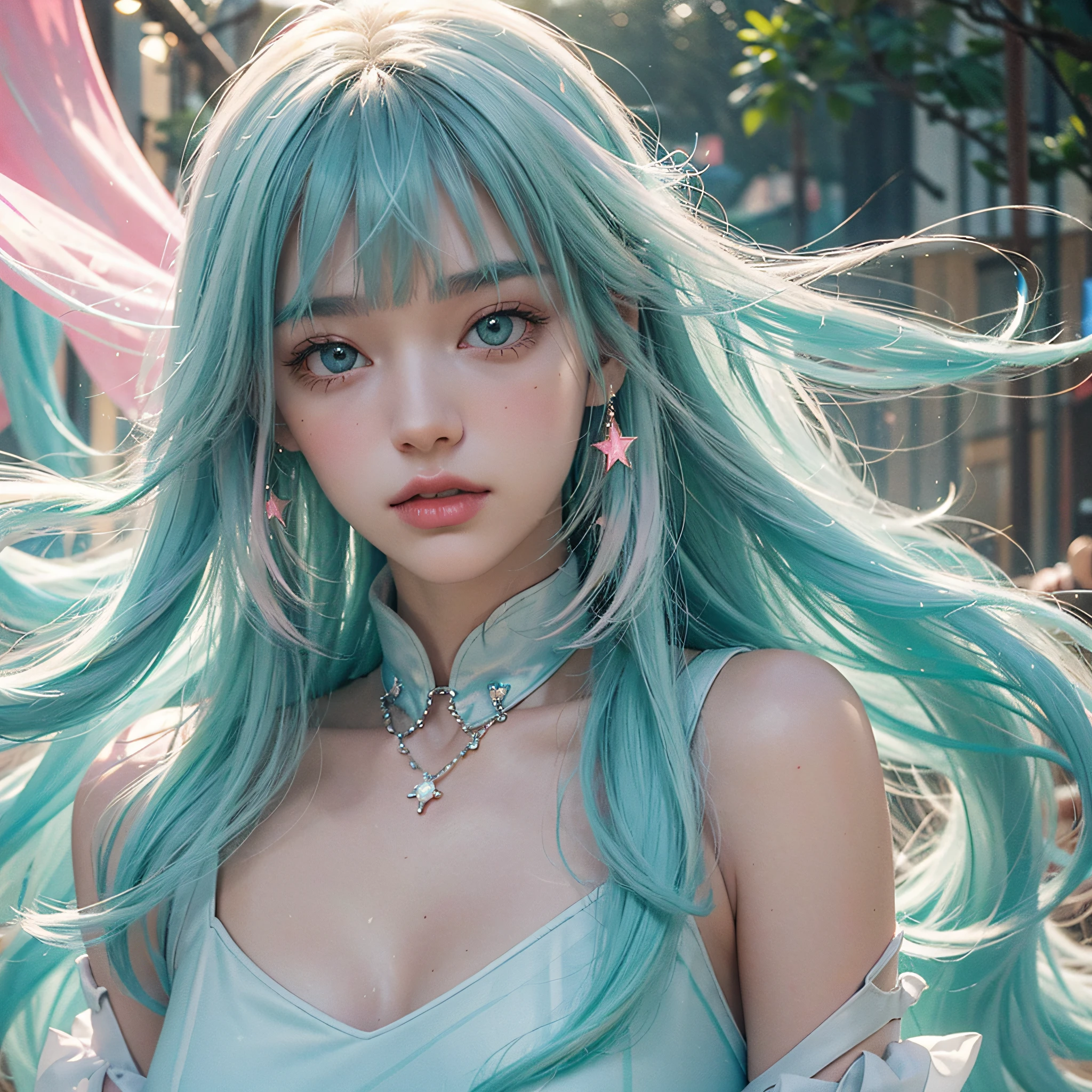 (fluorescent colors:1.4),(translucent:1.4),(retro filters:1.4), (fantasy:1.4), candy world Disney land ethereal soft fluffy soft landscape forest snowavatar Pastel pink sky green blue sparkle ethereal light pastel whimsical light rainbow stars diamonds sparkle gemstone background hyper realistic Ultra quality cinematic lighting immense detail Full hd painting Well lit,diagonal bangs,
collared dress,on side
masterpiece, best quality,realskin,(portrait:1.5), 1girl, blunt bangs, long hair