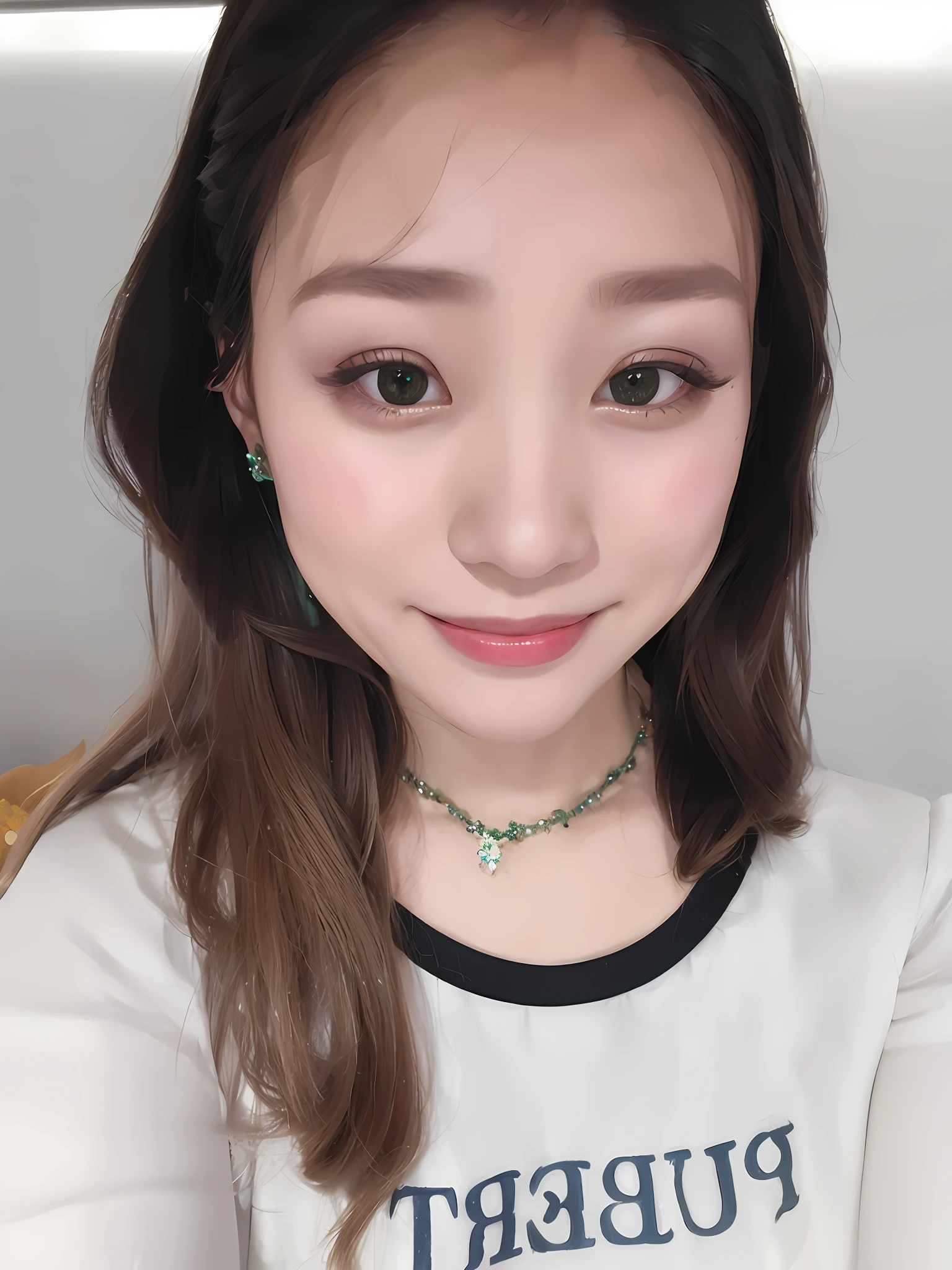 there is a woman with a necklace and earrings on her neck, dilraba dilmurat, jaeyeon nam, xintong chen, young cute wan asian face, lulu chen, yanjun chengt, popular south korean makeup, light green tone beautiful face, 8k selfie photograph, with professional makeup, popular korean makeup, 8k)), wenfei ye