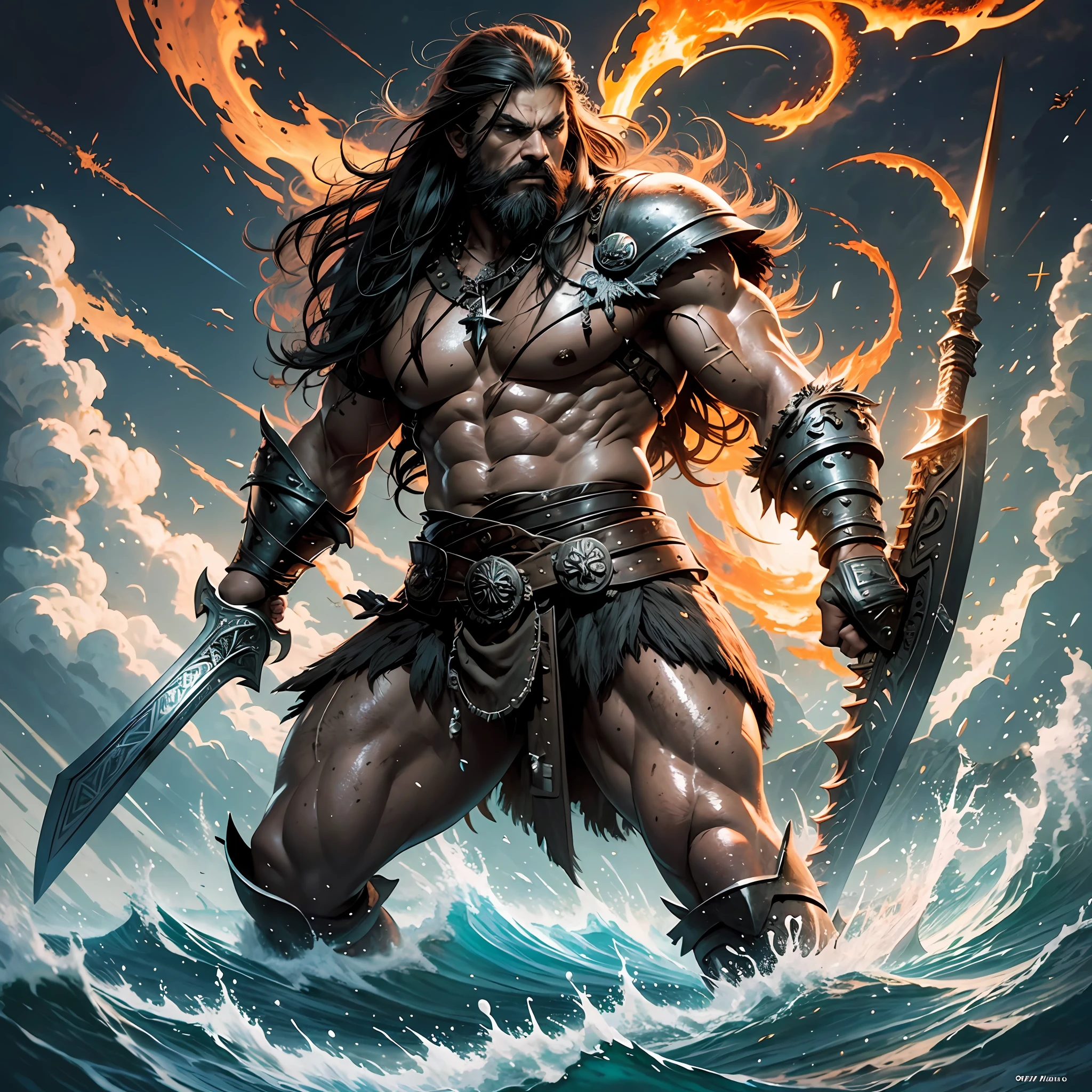 a man with a black sword In a war, Ship on fire, sea and ocean, storm, Angry and fighting, barbarian, barbarian on Roman battlefield, barbarian class, berserker, epic mythology, conan the barbarian, barbarian warrior, conan, male barbarian, frank frazetta8k, fur-clad barbarian goliath, dark epic fantasy, viking berserker, heroic masculine pose, wielding a huge great axe, brom redshift, Fire blood everywhere --auto --s2