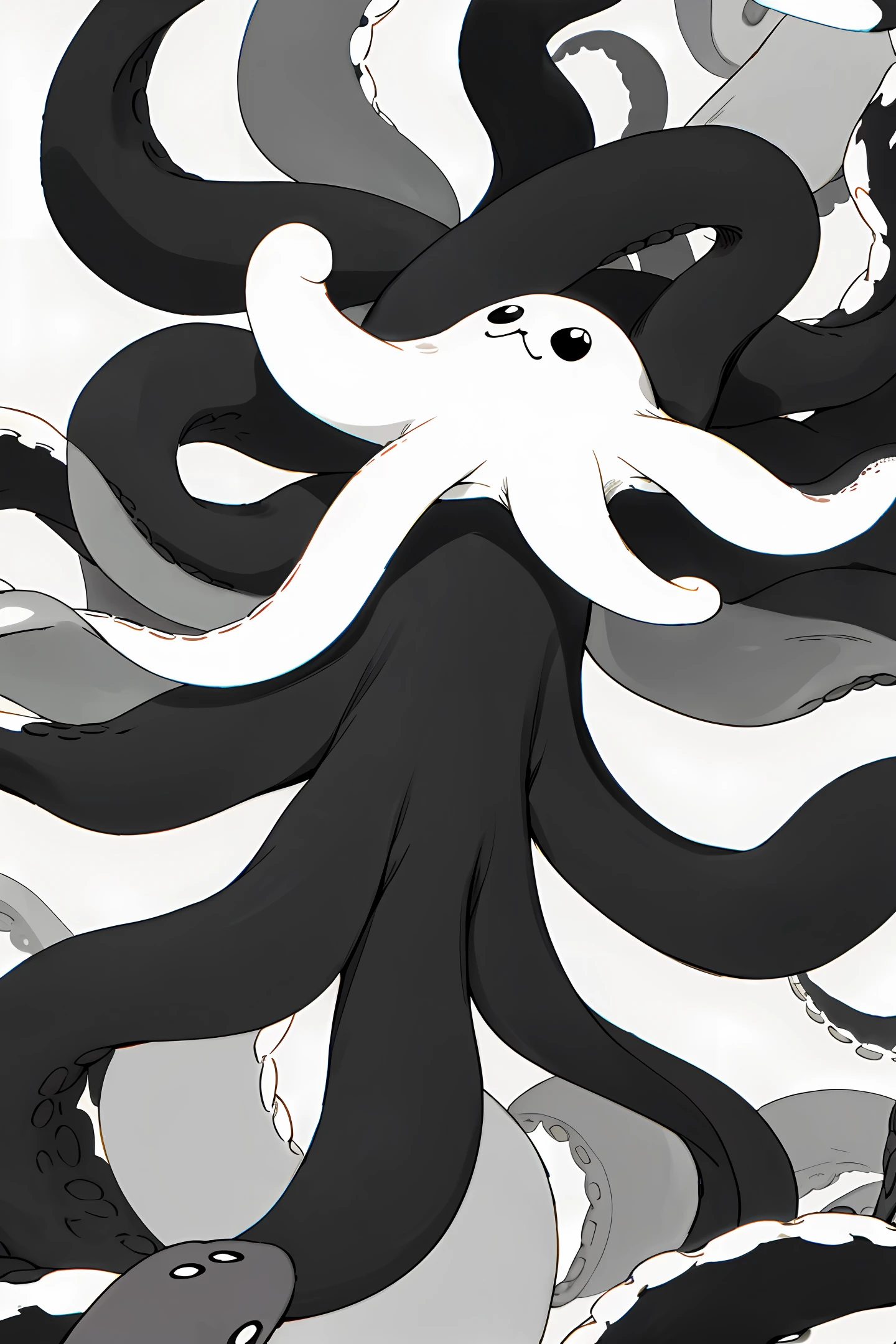 Please draw an octopus with 7 legs left, the color tone of the picture is mainly black, white and gray, and the flat illustration style