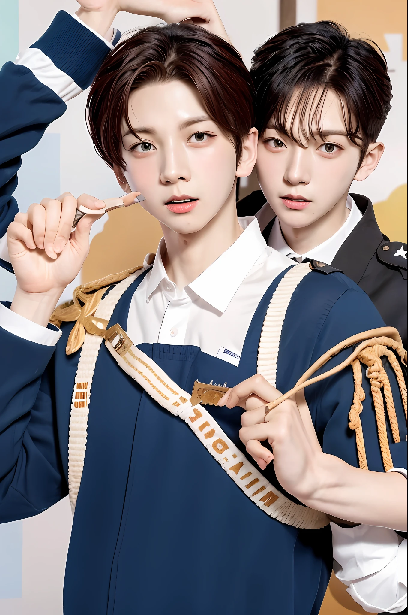 2 boy,Brown-haired boy in uniform,beautiful,spontaneous,sociable,popular appearance strong brave and determined