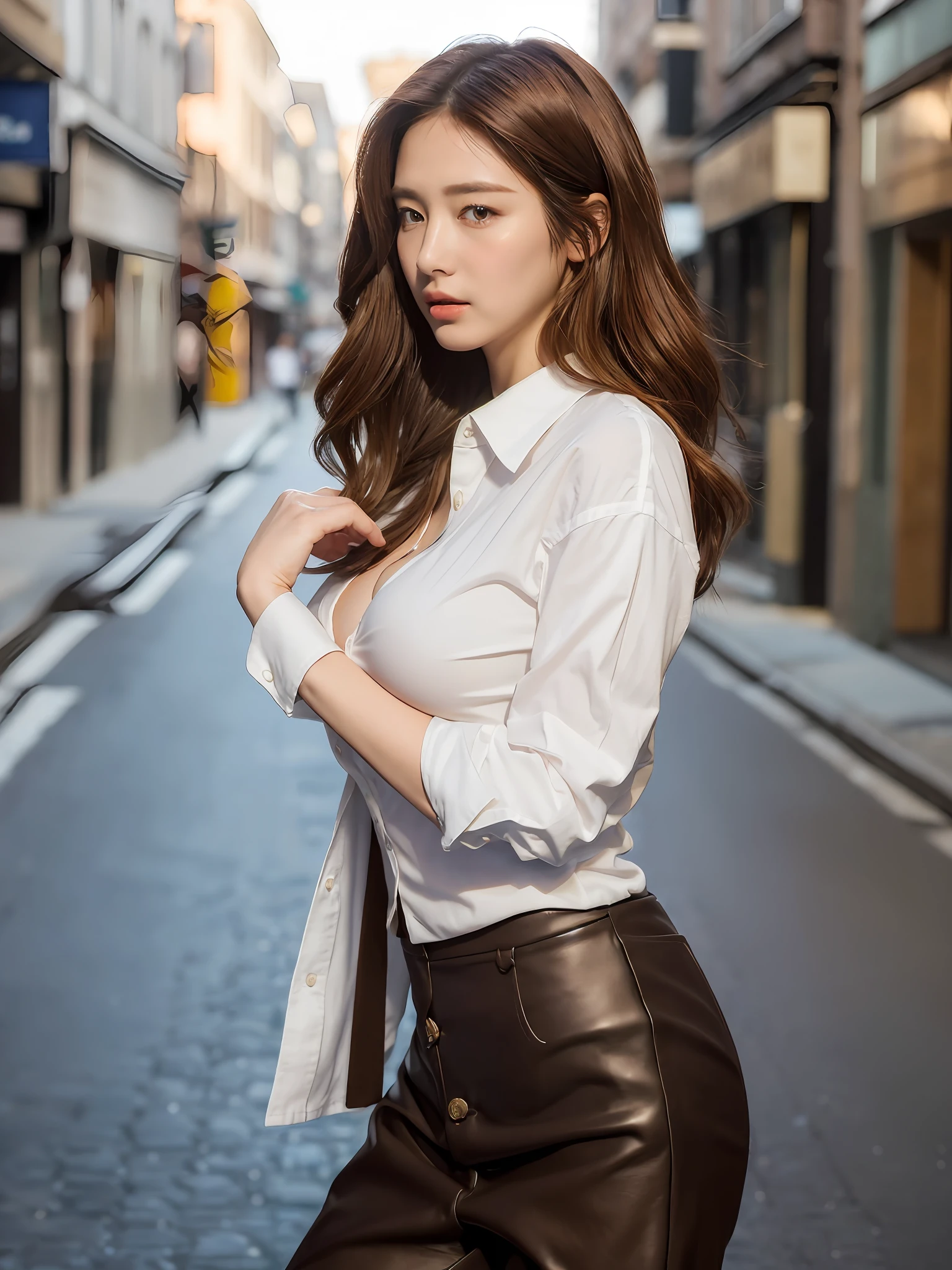 ((Best quality, 8k, Masterpiece :1.3)), Sharp focus :1.2, A pretty woman with perfect figure :1.4, Slender abs :1.2, ((Dark brown hair, Big breasts :1.2)), (White button up long shirt :1.1), City street:1.2, Highly detailed face and skin texture, Detailed eyes, Double eyelid
