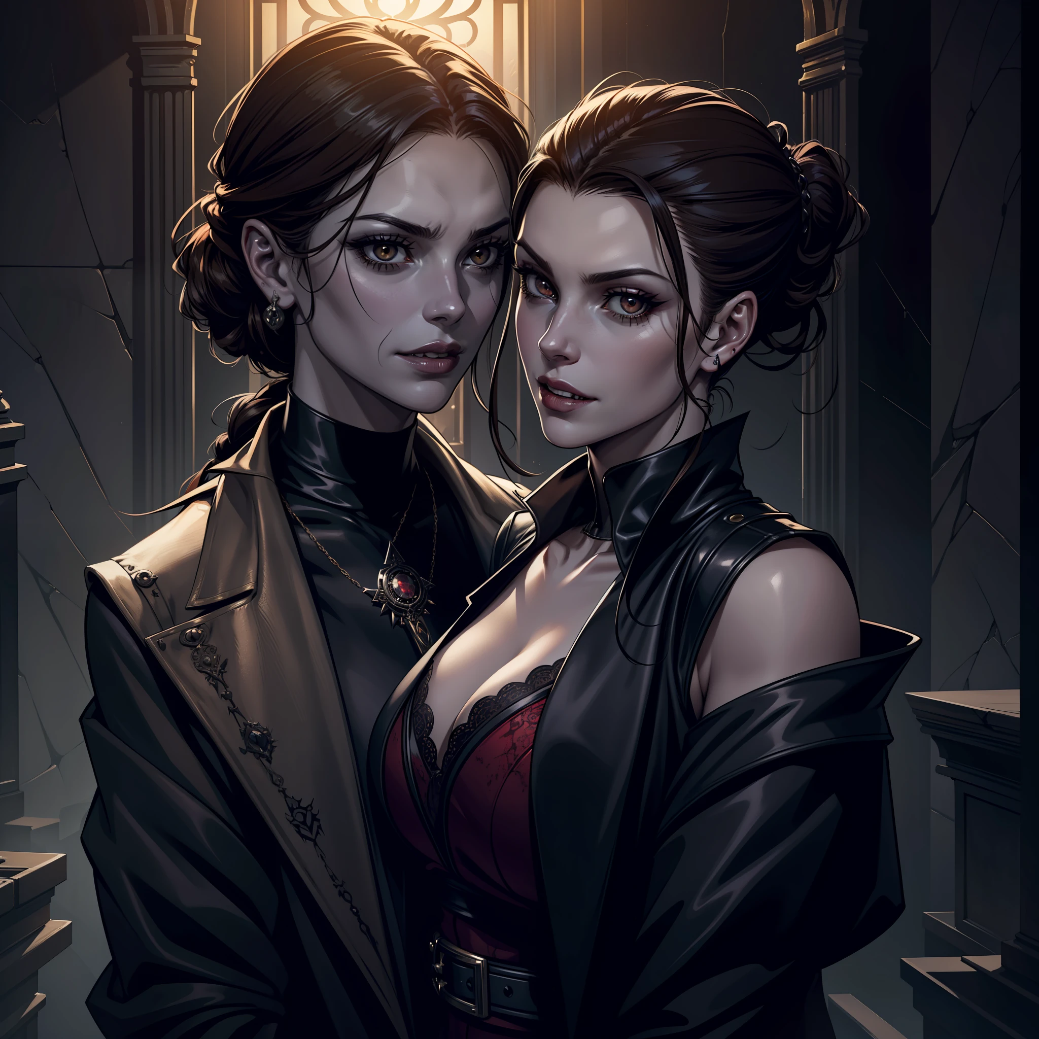 (extremely detailed 8k wallpaper), dark theme, Vampire the Masquerade, modern horror, 2020s, adult woman, very pale skin, wearing gray coat, expensive jewelry, sharp focus, (subsurface scattering:1.1), award-winning photography, centered face, face of Mila Jovovich, ((a vampire Hecata)), ((parched zombie skin)), half-body photo:1.1, brown hair tied in medieval European hairstyle,  Supernatural brown eyes:1.2, mischievous smile, interior of a mausoleum at night, dramatic lighting, SFW