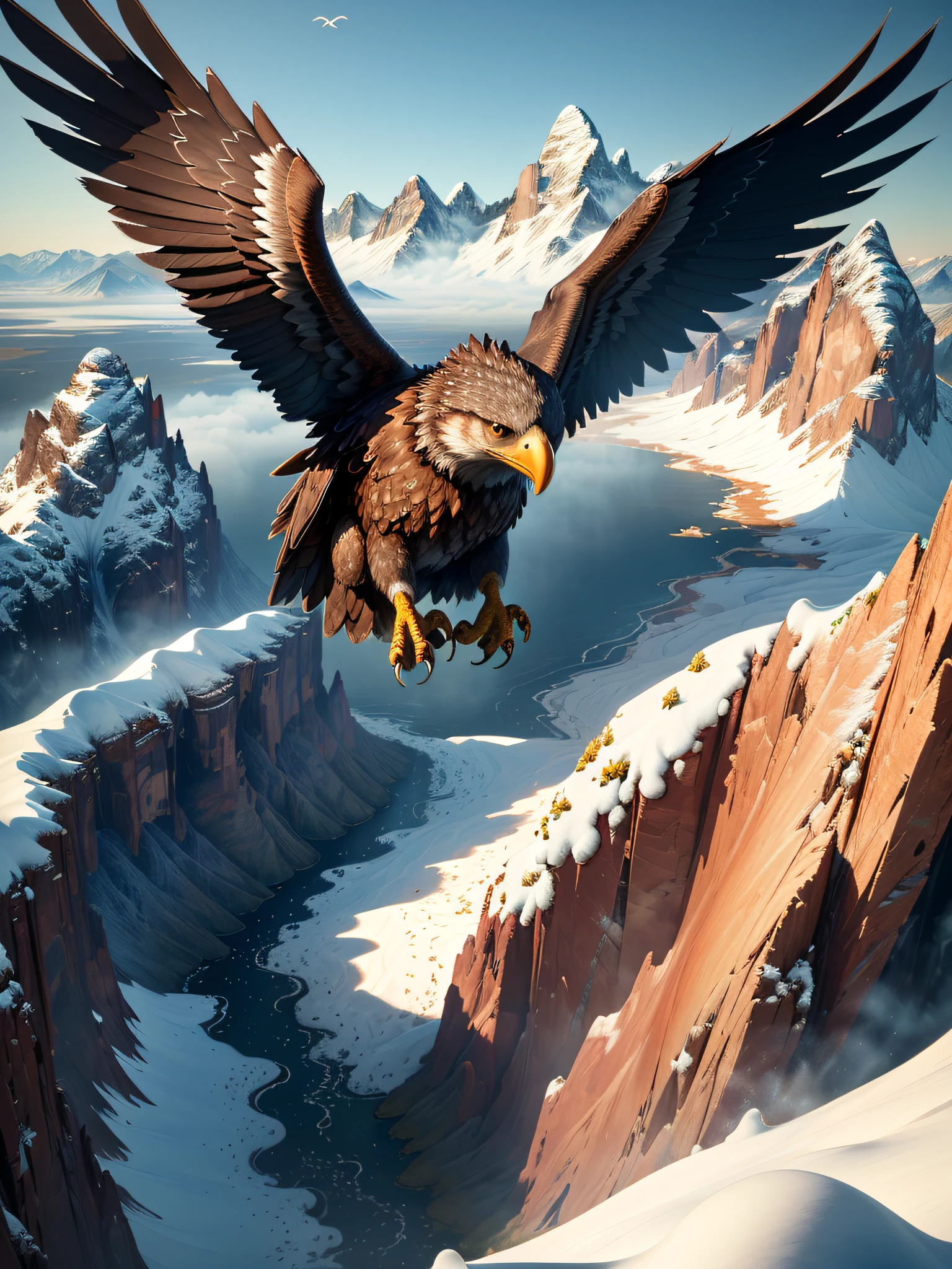 ((Top Quality, 8k, Masterpiece: 1.3)), cute american eagle, fantastic, 3d, pixar, illustration, ((agressive)), (camera slightly from above), (Camera from 3/4), dark brown and black, ((Flying)), ((snowy mountains)), ((waterfall)), clouds, ((swooping))