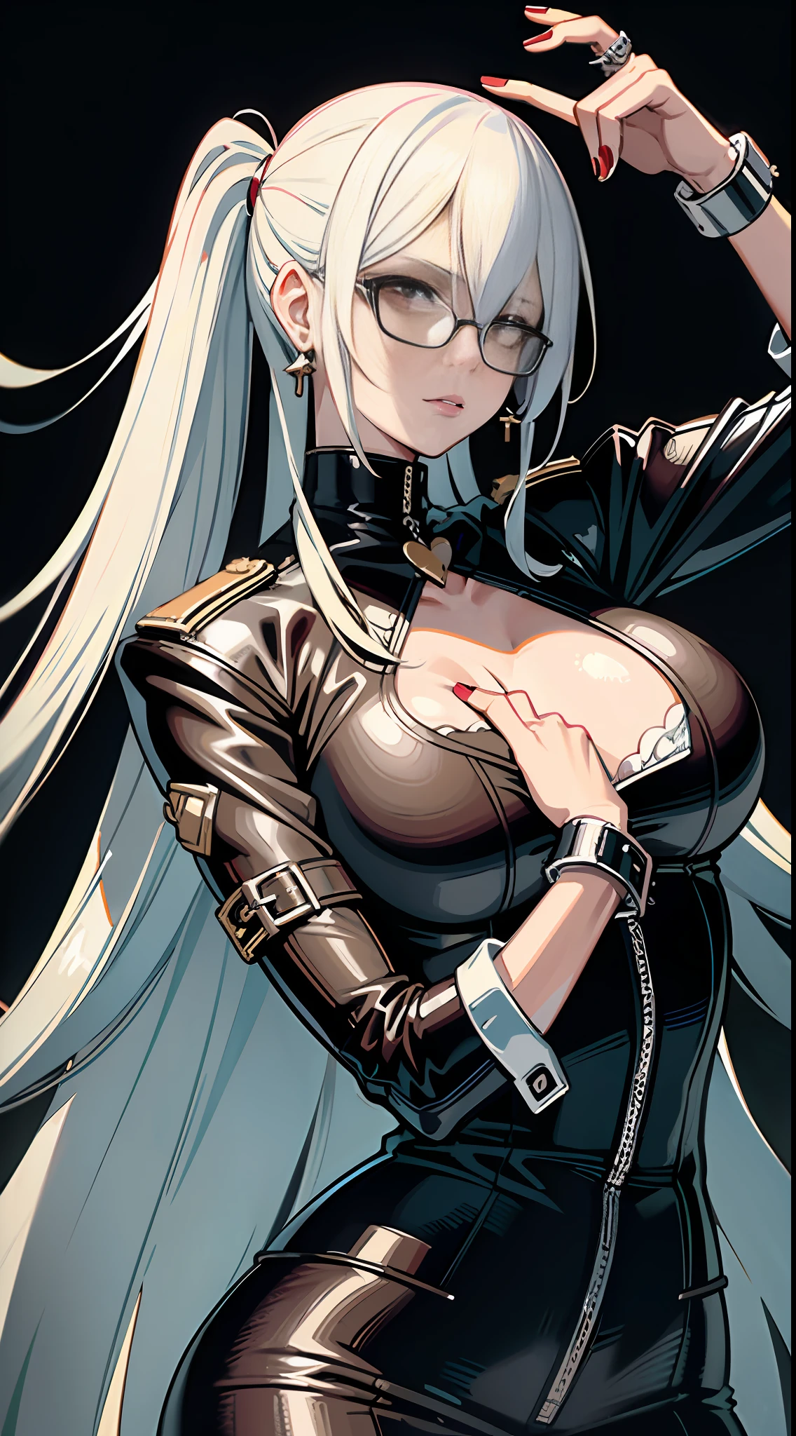 Best quality, masterpiece, super high resolution, anime girl with white hair and black jacket and sunglasses, detailed anime character art, high quality portrait, anime style characters, clean detailed anime style, anime characters, dramatic lighting, style anime (realism: 1.4), suit, gangster style, black tattoo at neck, collarbone, chest full, translucent, breasts, original photo, 1girl, white hair, shiny skin, (fantasy), vampire, earrings, accessories, glasses, sunglasses