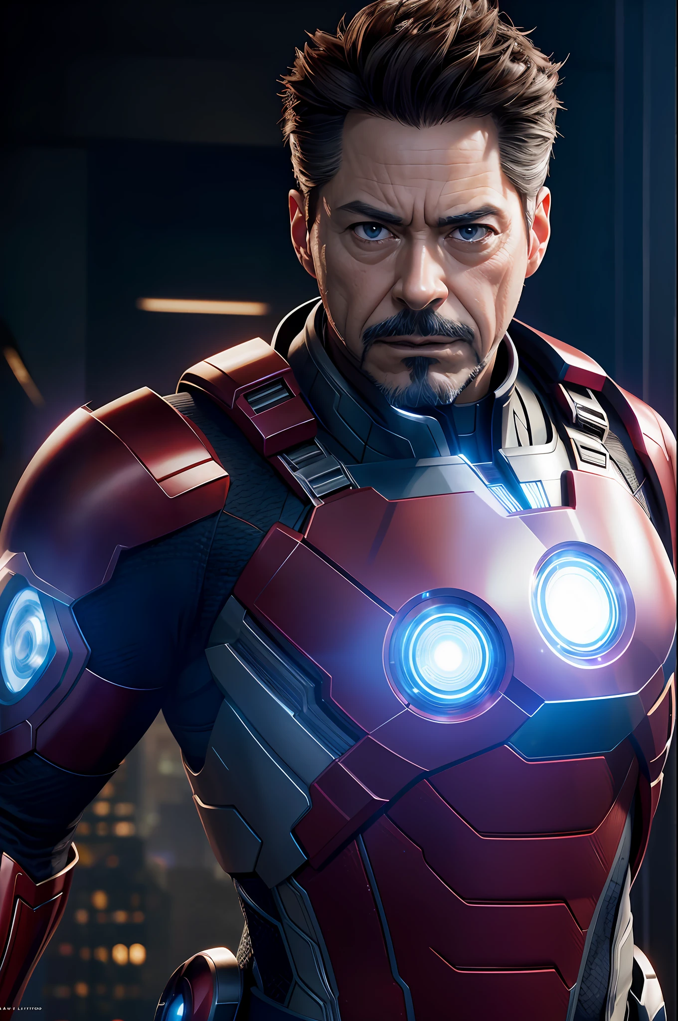 Marvel, Old man Tony Stark, realistically, dynamic lights, old, gray stubble, full shoot, (extremely detailed CG unity 8k wallpaper), trending on ArtStation, trending on CGSociety, High Detail, Sharp focus, dramatic, photorealistic