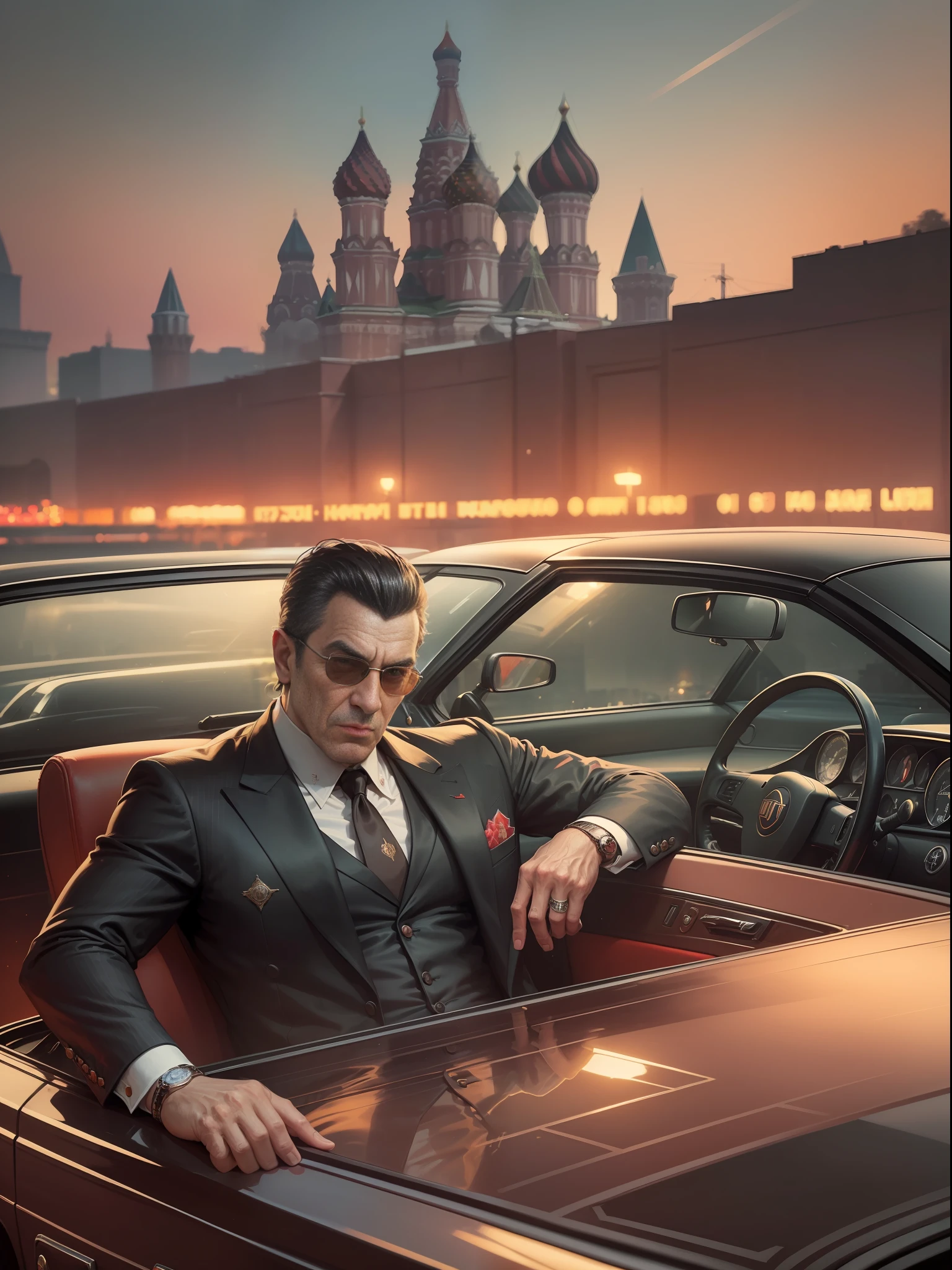 (Mafia Boss) ((The Man in the Jacket)) (((Moscow in the background))) A glass of alcohol in hand, a confident look, a night, a luxurious, old, black car, in the style of late Soviet animation, in the style of Soviet posters, in the style of Soviet advertising, a masterpiece, excellent quality, 8k, excellent graphics