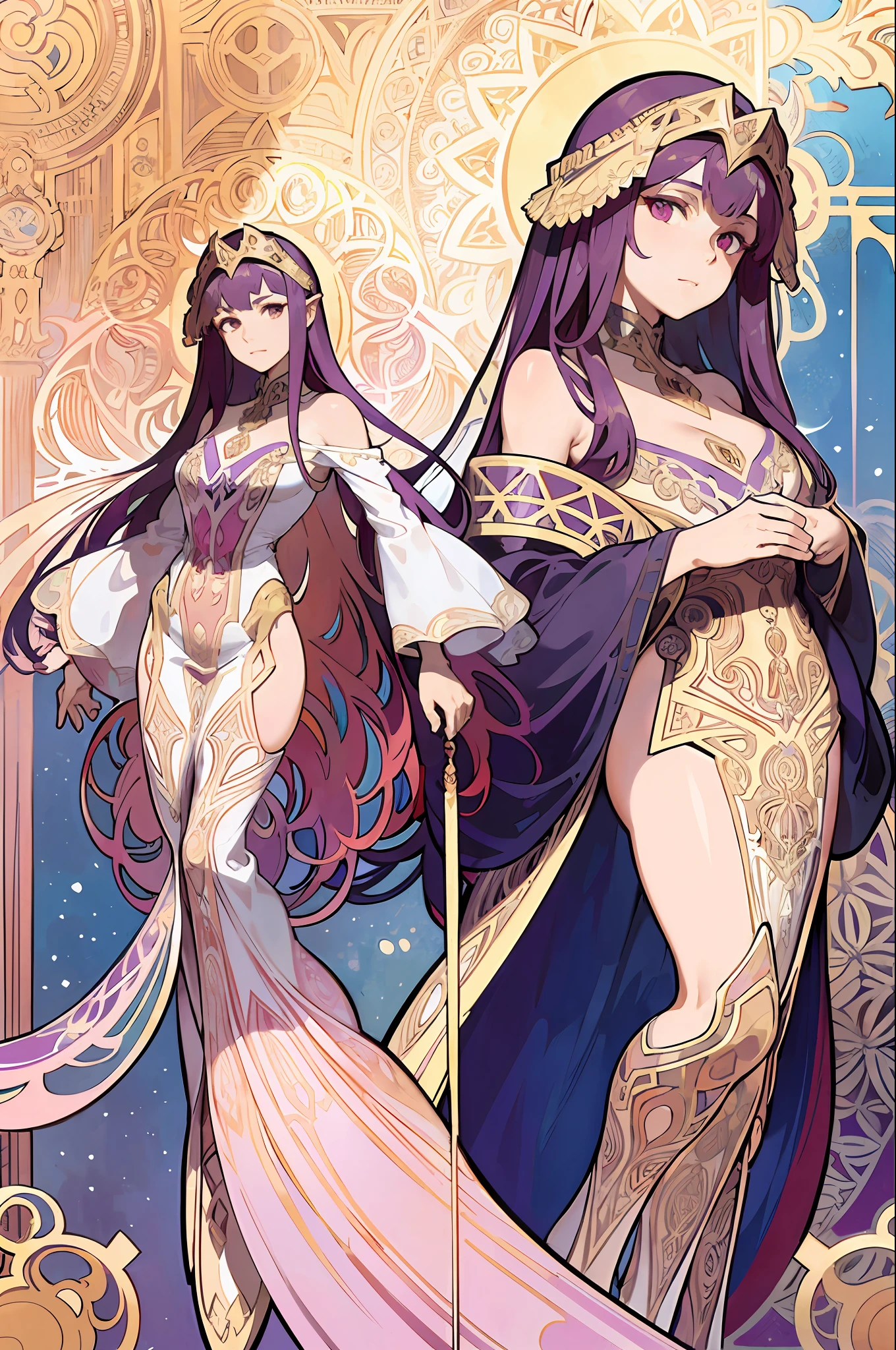 (Alphonse Mucha: 1.4), Facial portrait of European beauty, long hair, red and purple gradient hair flower decoration, (detail + intricate detail: 1.2), 4K, abstract art, body proportions, line art, side face, colorful, Fibonacci, Mucha style