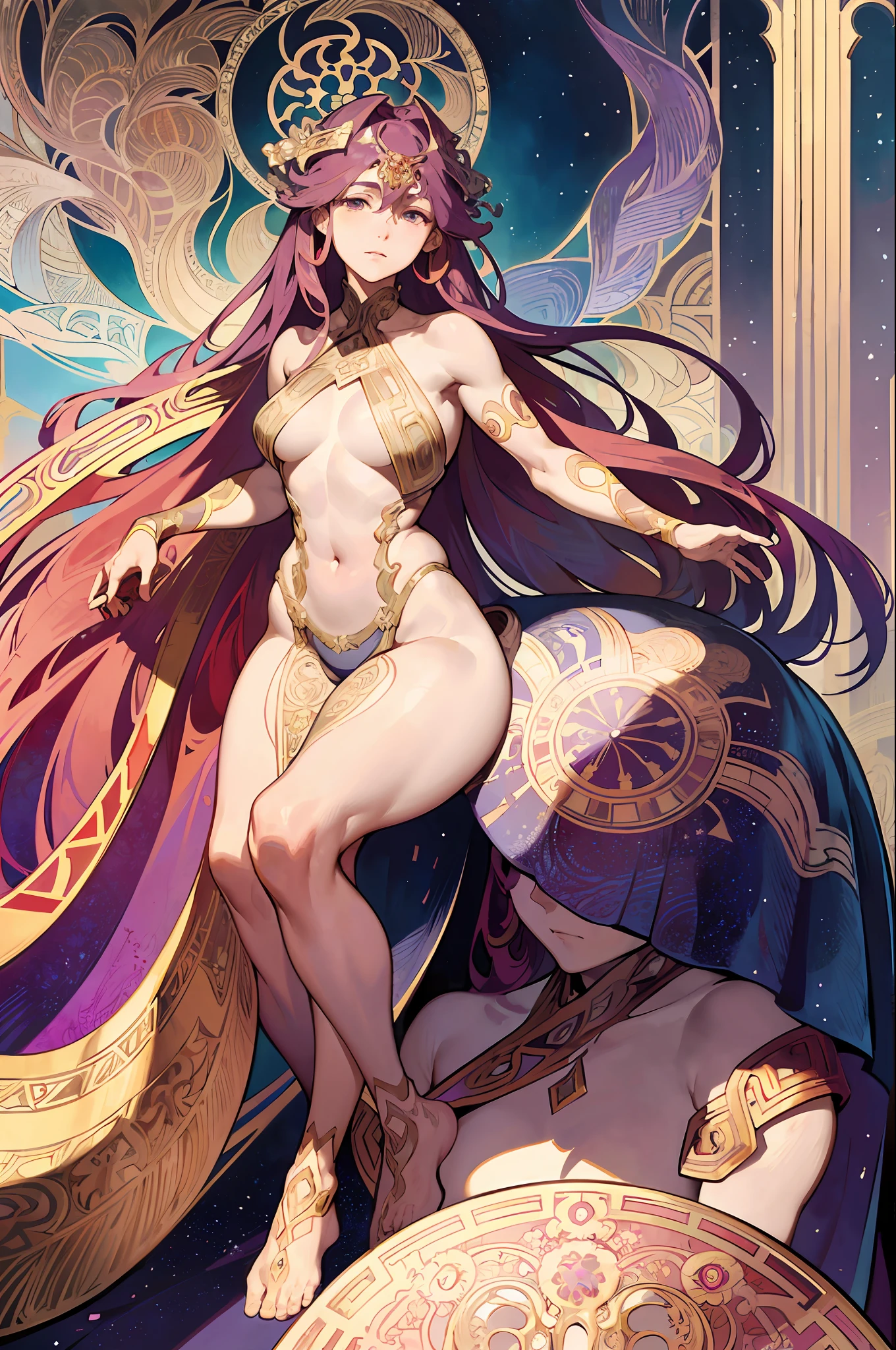 (Alphonse Mucha: 1.4), Facial portrait of European beauty, long hair, red and purple gradient hair flower decoration, (detail + intricate detail: 1.2), 4K, abstract art, body proportions, line art, side face, colorful, Fibonacci, Mucha style