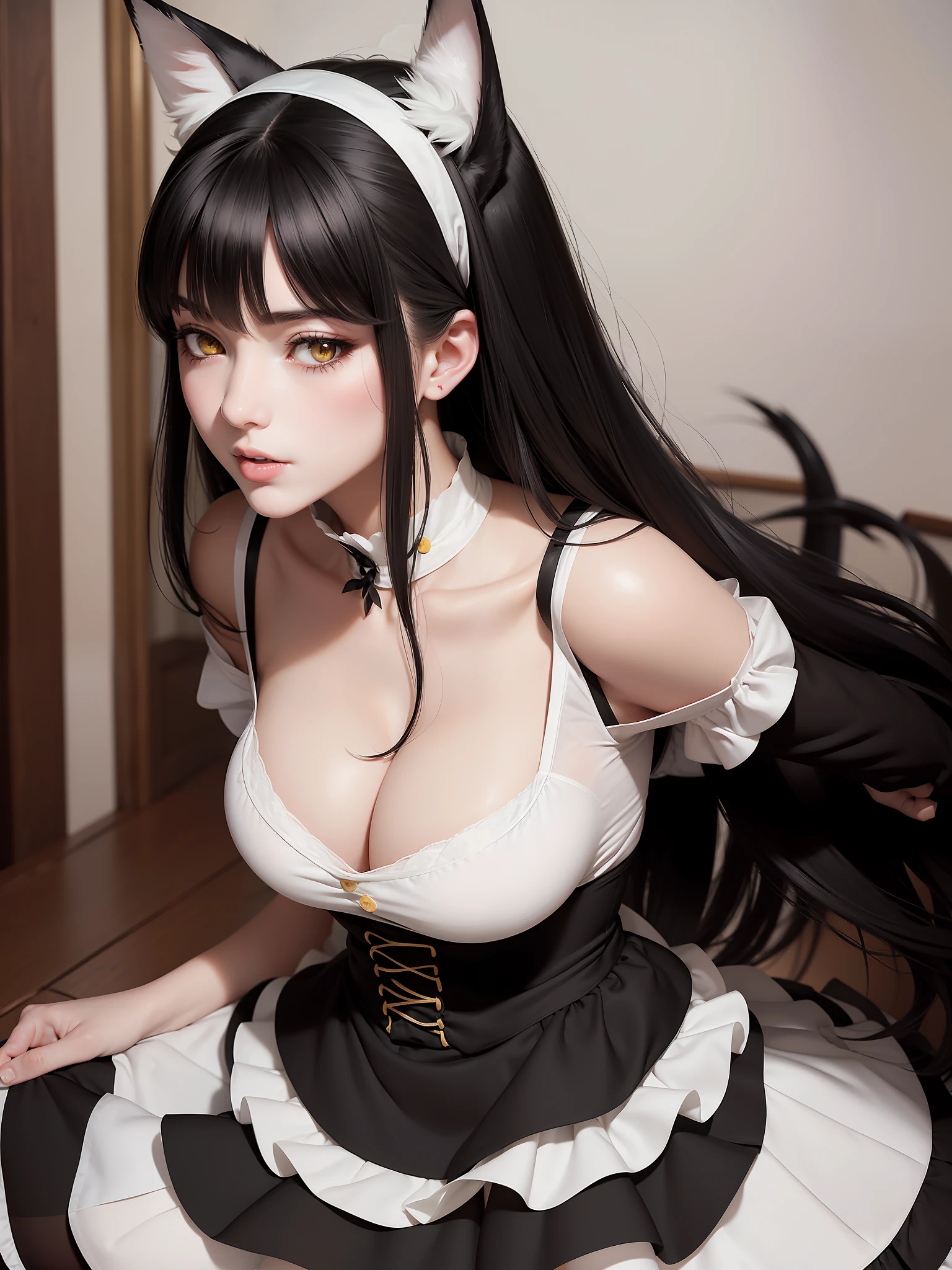 Woman, long black hair, yellow eyes, white fox ears, dressed as a maid, front, bangs, 1girl, blush, mature female, (big breasts: 1.3), thin waist, pantyhose, thighs, arms behind back,