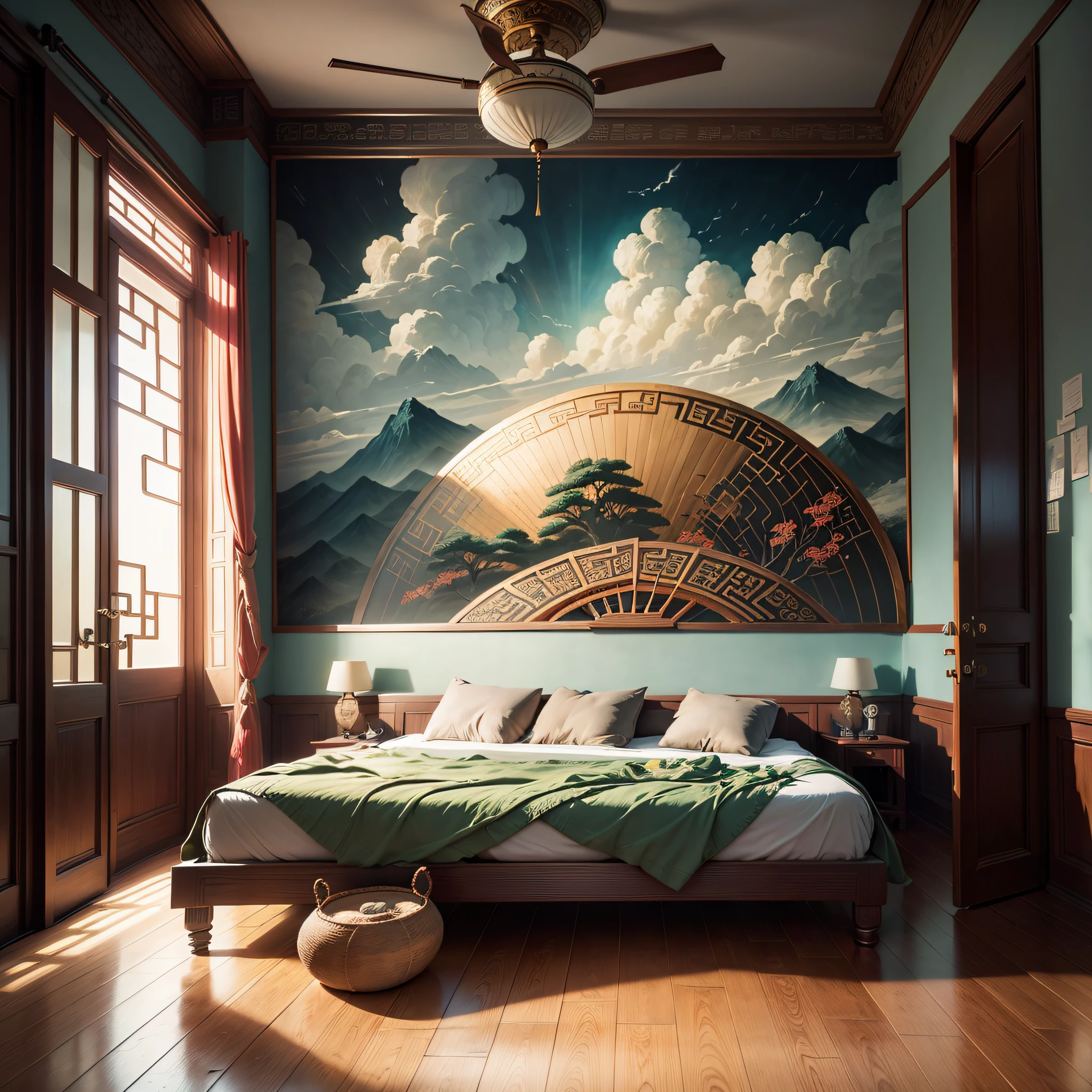 (Realistic documentary photography, showing history, Chinese interior), bedroom, front view, elegant Jun porcelain hand fan, exquisite parquet floor, auspicious cloud mural, highlight fan details.