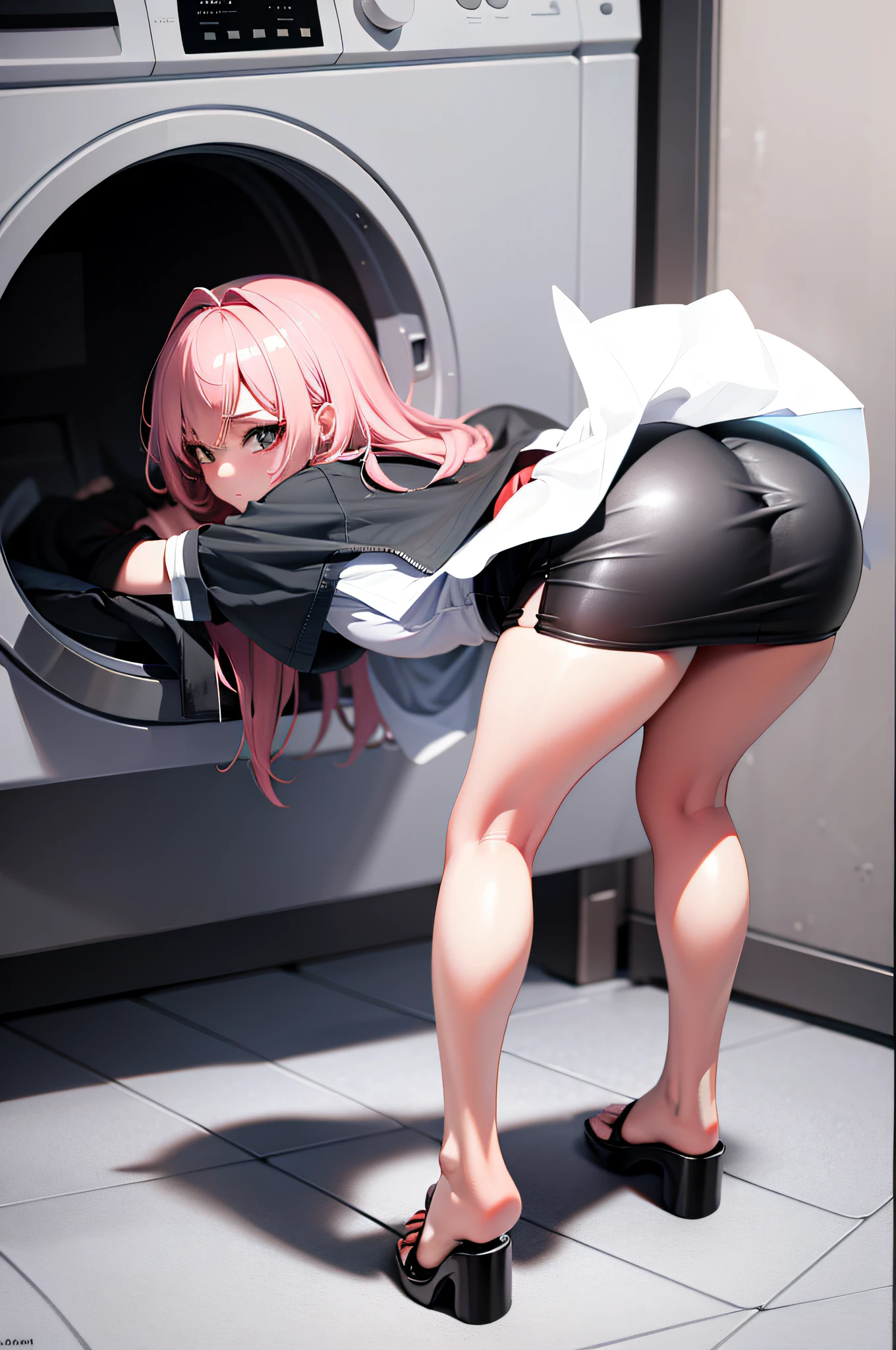 1girl, washing machine, , pencil skirt, bent over,, masterpiece, best quality, highly detailed