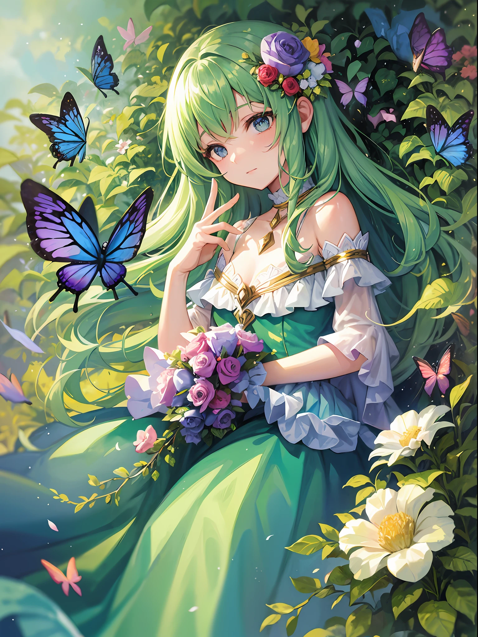 A beautiful girl in a fairy costume, surrounded by flowers and butterflies. Content: watercolor painting. Style: whimsical and delicate, like a children’s book illustration.