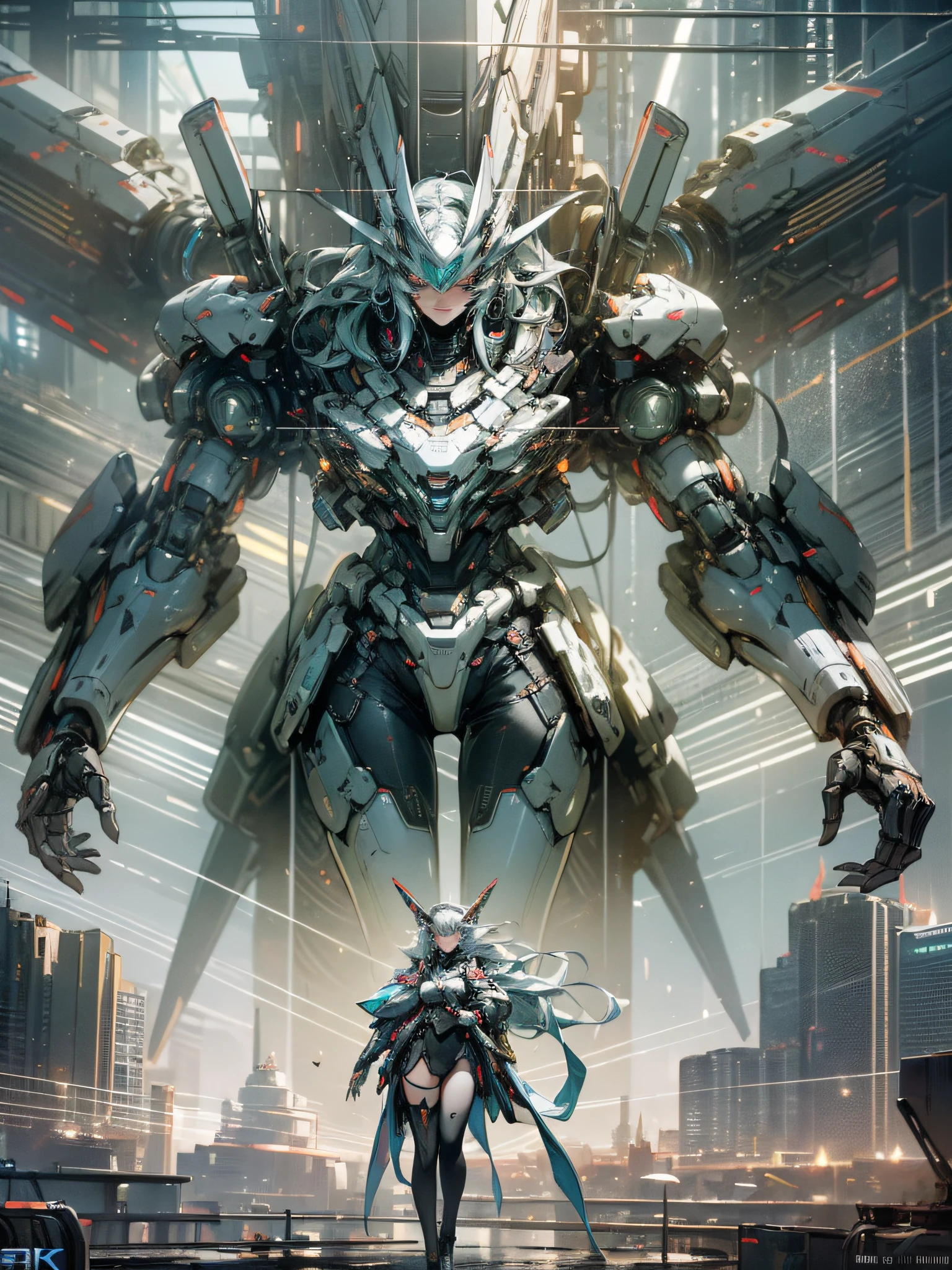 masterpiece, best quality, high quality, (futuristic:1.1), (cyberpunk clothes), cinematic lighting, (exquisite future), beautiful and aesthetic, ultra detailed, great composition, floating, depth of view, (extremely detailed CG, unity 8k wallpaper), (beautifully detailed background), beautiful hair details, dramatic lighting, GOGETTA, mecha, --auto --s2