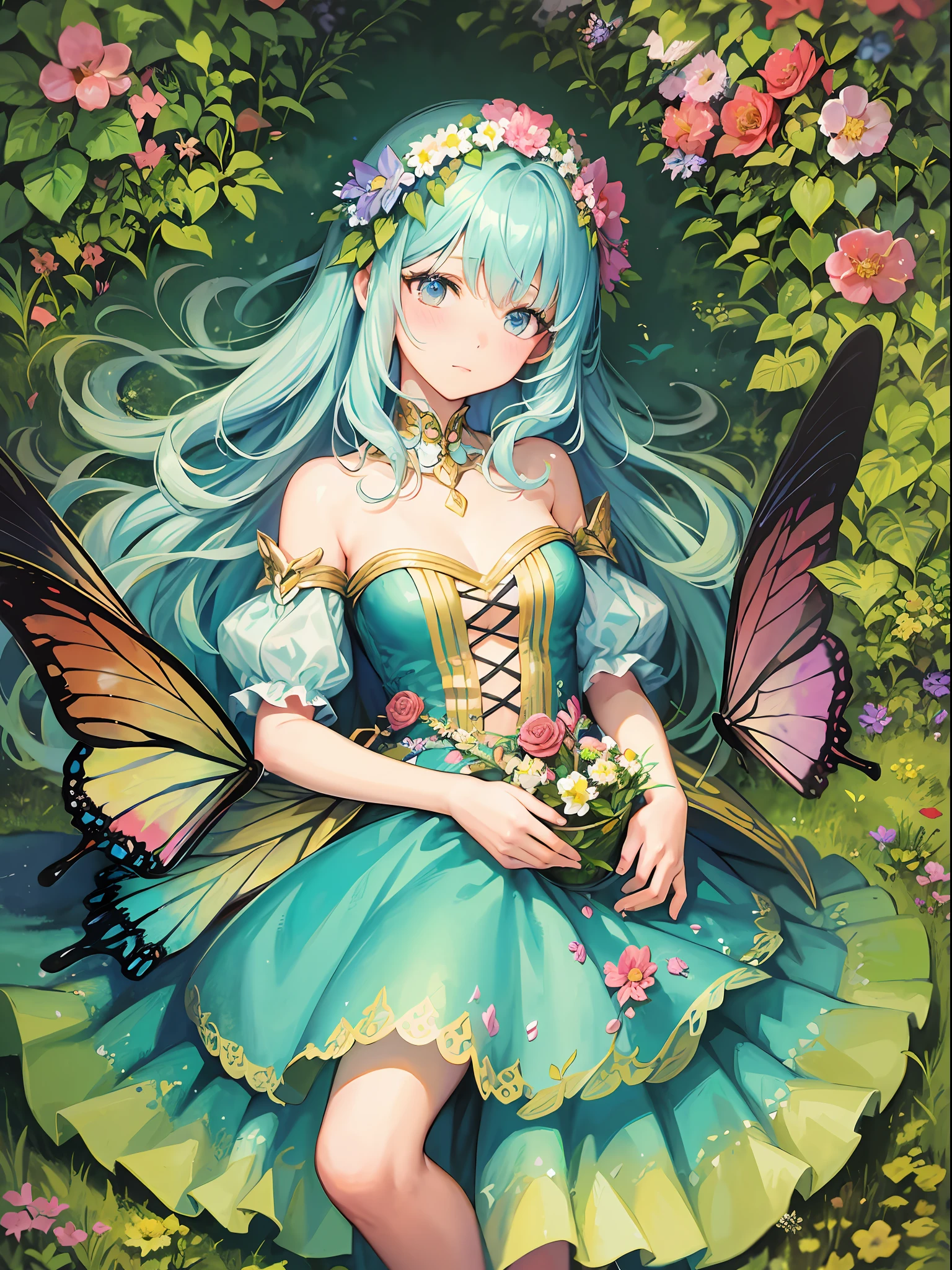 A beautiful girl in a fairy costume, surrounded by flowers and butterflies. Content: watercolor painting. Style: whimsical and delicate, like a children’s book illustration.