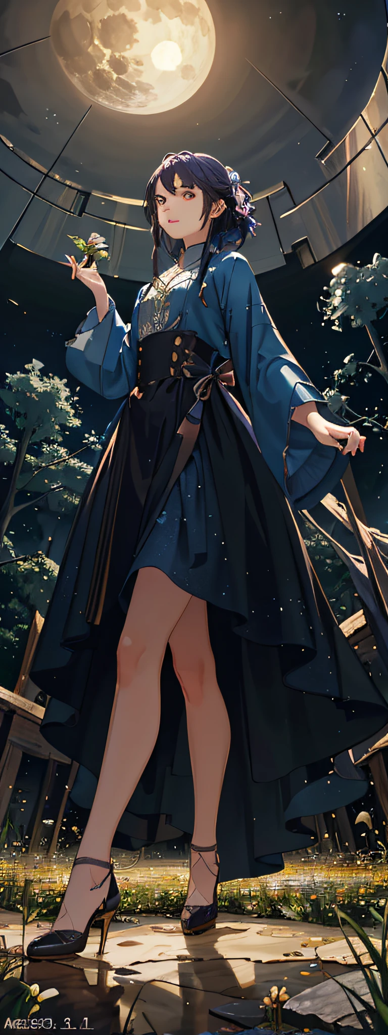 Vast landscape photos, (from below, the sky above, open fields below), a girl standing on a flower field looking up, characters 0.8 (Full Moon: 1.2), (Meteors: 0.9), (Nebula: 1.3), distant mountains, trees BREAK Making art, (warm light source: 1.2), (Firefly: 1.2), lamps, lots of purple and orange, intricate details, volumetric lighting, realism BREAK (Masterpiece: 1.2), (Best Quality), 4K, Ultra-Detailed, (Dynamic Composition: 1.4), Very Detailed, Colorful Detail, (Iridescent Color: 1.2), (Glow Illumination, Atmospheric Lighting), Dreamy, Magical, (Solo: 1.2)