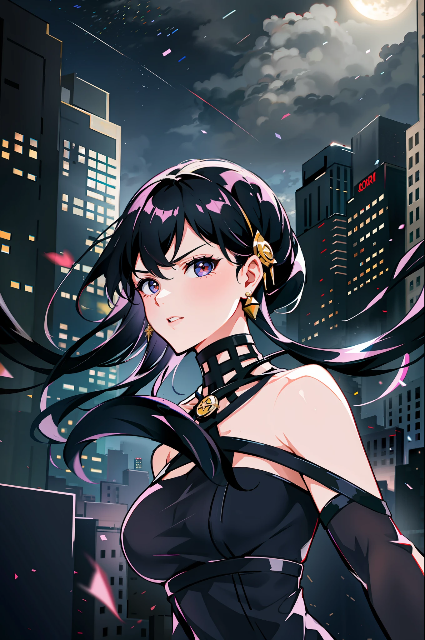 best quality, (black hair), 1girl, outdoors, dark, sky, (disdain), night, dynamic fighting pose, city, looking at viewer, corneo_yor_forger,