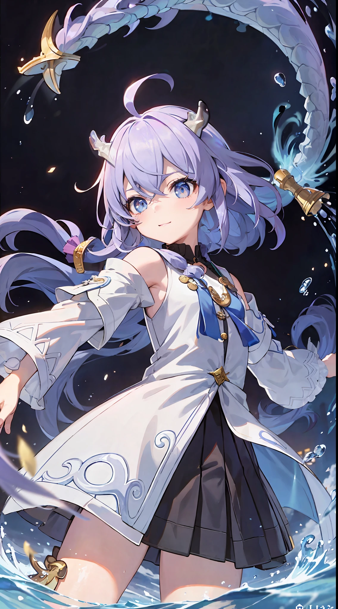 (Best Quality: 1.3), (Masterpiece: 1.3), (Illustration: 1.3), (Ultra Detail: 1.3), (Imid Shot: 0.9), 1girl, solo, very young, upper body, short neck, small breast, Kids (Soaking in the Stream: 1.2), Anime Characters, Dramatic Lighting, Style Anime (Realisticity: 1.4), Dragon Tail, Girl, Ahoge, Blue Eyes, Jewel Eyes, Extremely Fine Eyes, Very Fine Face, Shut Up, Light Smile, Water, Fish, Sea, Horn, Huafu, East Dragon, (Fantasy)