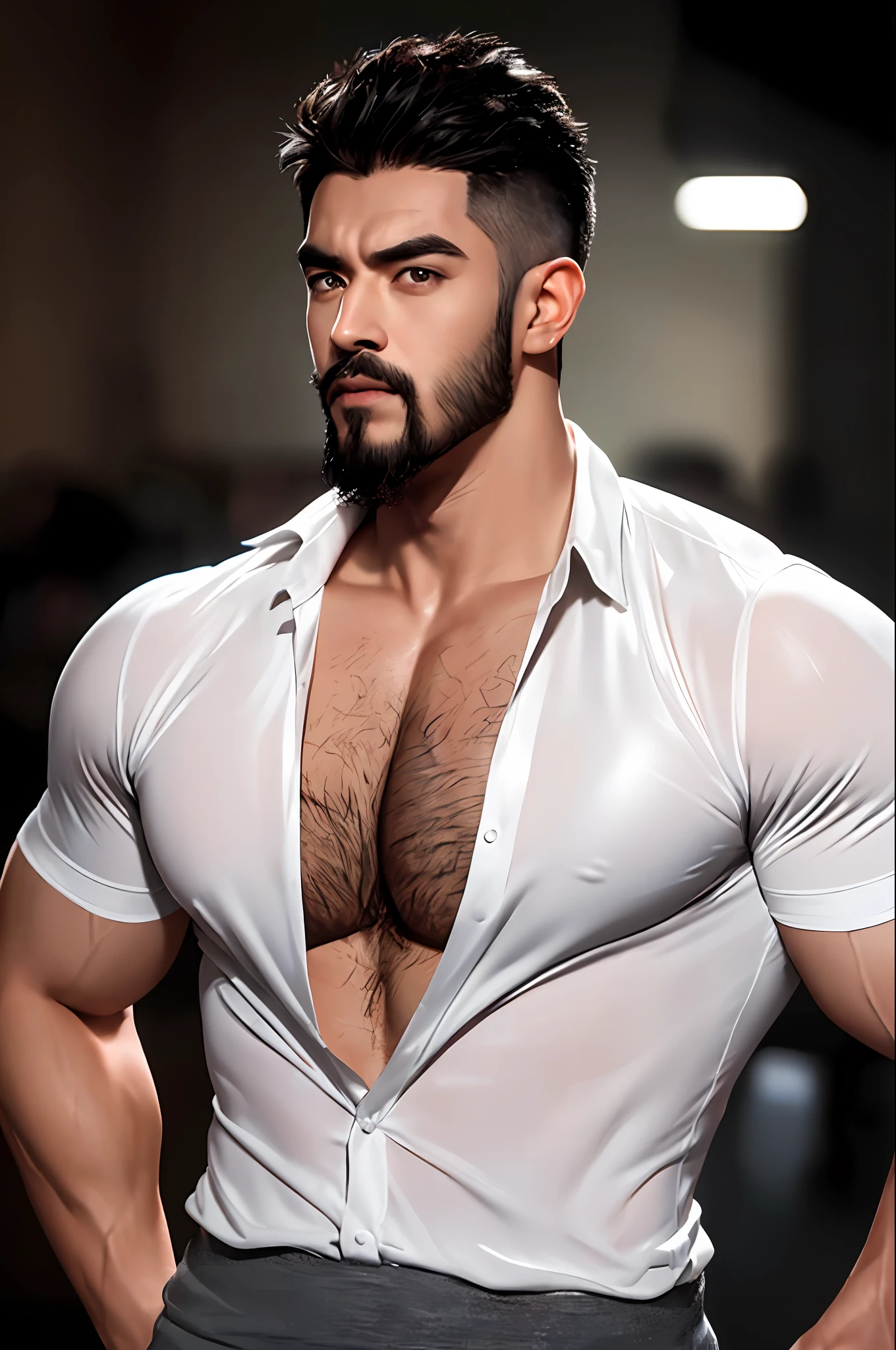 **this is an image of a handsome muscular man with a robotic head, in the style of intense gaze, sumatraism, tilt-shift photography, exotic realism, mechanical designs, heistcore, facial hair, hairy chest, fit shirt, open shirt, adult Indonesian men