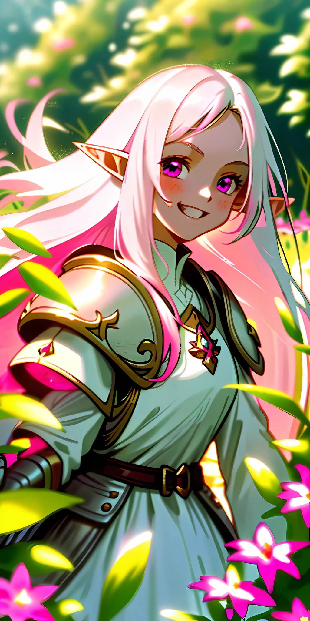 (masterpiece, best quality), close up, 1girl elf with long ((white hair)) , ((big brest)) laughing , ((in a field of pink colored plants and flowers)), ((elf)), armor, warm lighting, white dress, blurry foreground, looking at viewer, neon sparkles ✨