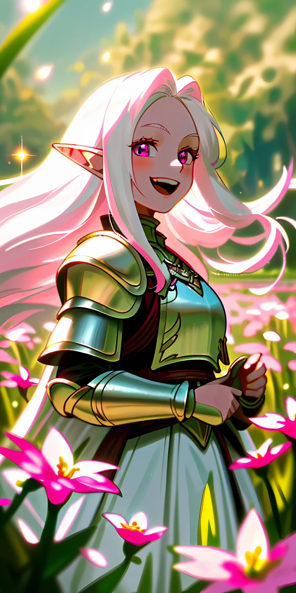 (masterpiece, best quality), close up, 1girl elf with long ((white hair)) , ((big brest)) laughing , ((in a field of pink colored plants and flowers)), ((elf)), armor, warm lighting, white dress, blurry foreground, looking at viewer, neon sparkles ✨