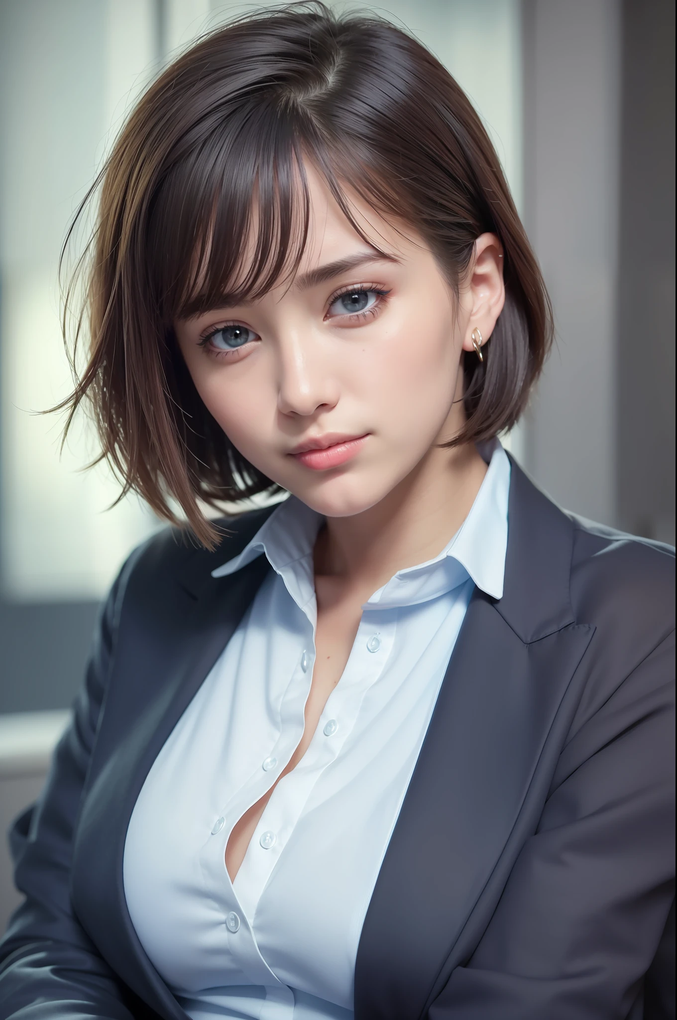 (8k, best quality, masterpiece:1.2), (realistic, photo-realistic:1.37), ultra-detailed, 1 girl,cute, solo,beautiful detailed sky,detailed office,night,sitting,(nose blush),(smile:1.15),(closed mouth) , medium breasts,beautiful detailed eyes,(collared shirt:1.1), night, wet,business attire, rain, (short hair:1.2), pureerosface_v1, computer, detail finger, beautiful detailed face,