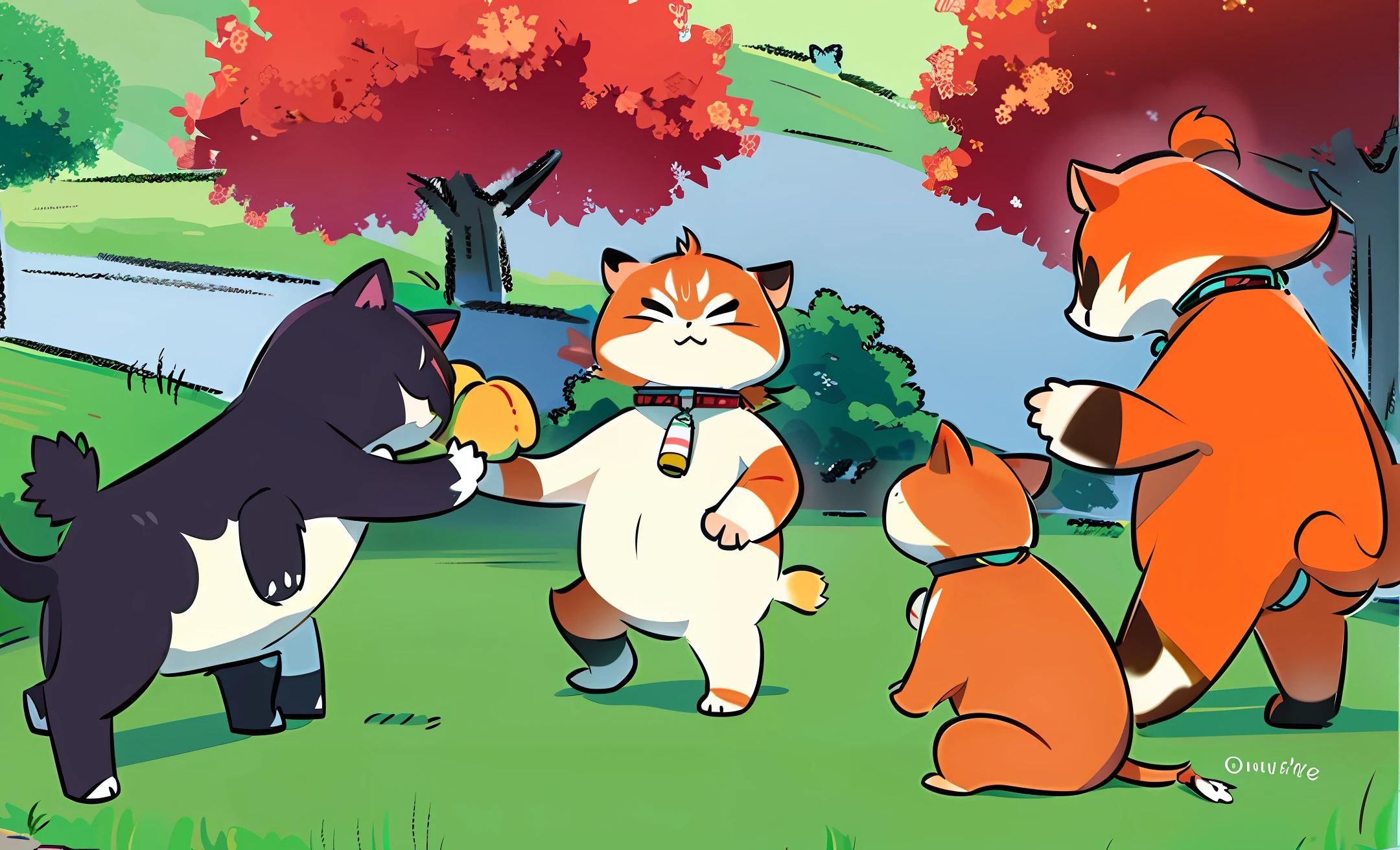 The cow cat and the tanuki cat fight, and the fat orange cat watches the battle
