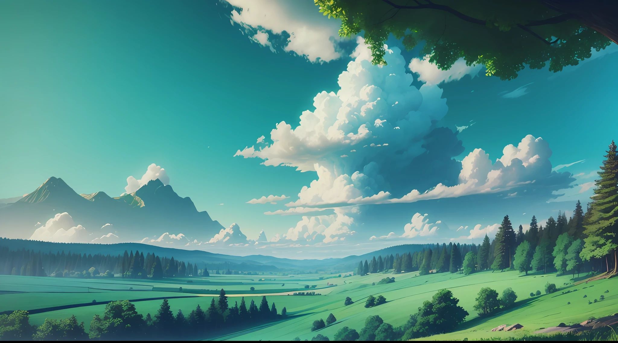 background, widescreen, forest, legendary tree blue green sky, forest, green fields, chill, transcedent, 8k. high definition, masterpiece --auto --s2