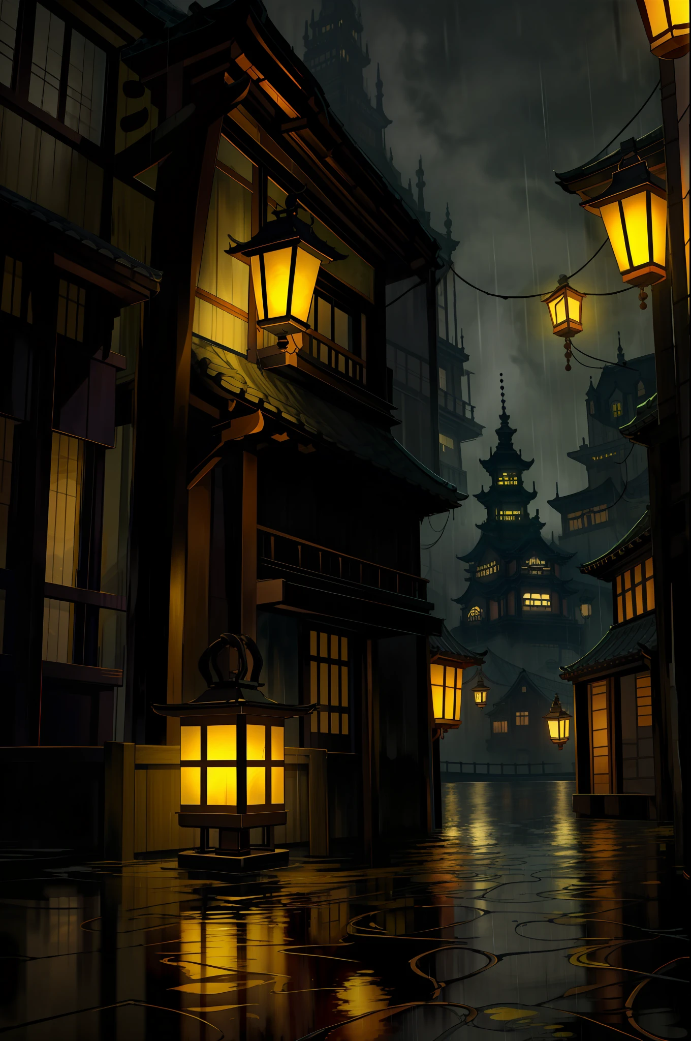 Spooky architecture, ghosts, spooky moon, rainy night, puddle, reflection of buildings in puddle, spirited away style, lonely lantern, dramatic lights, dark sky, yellow pleasant lantern light, high detail