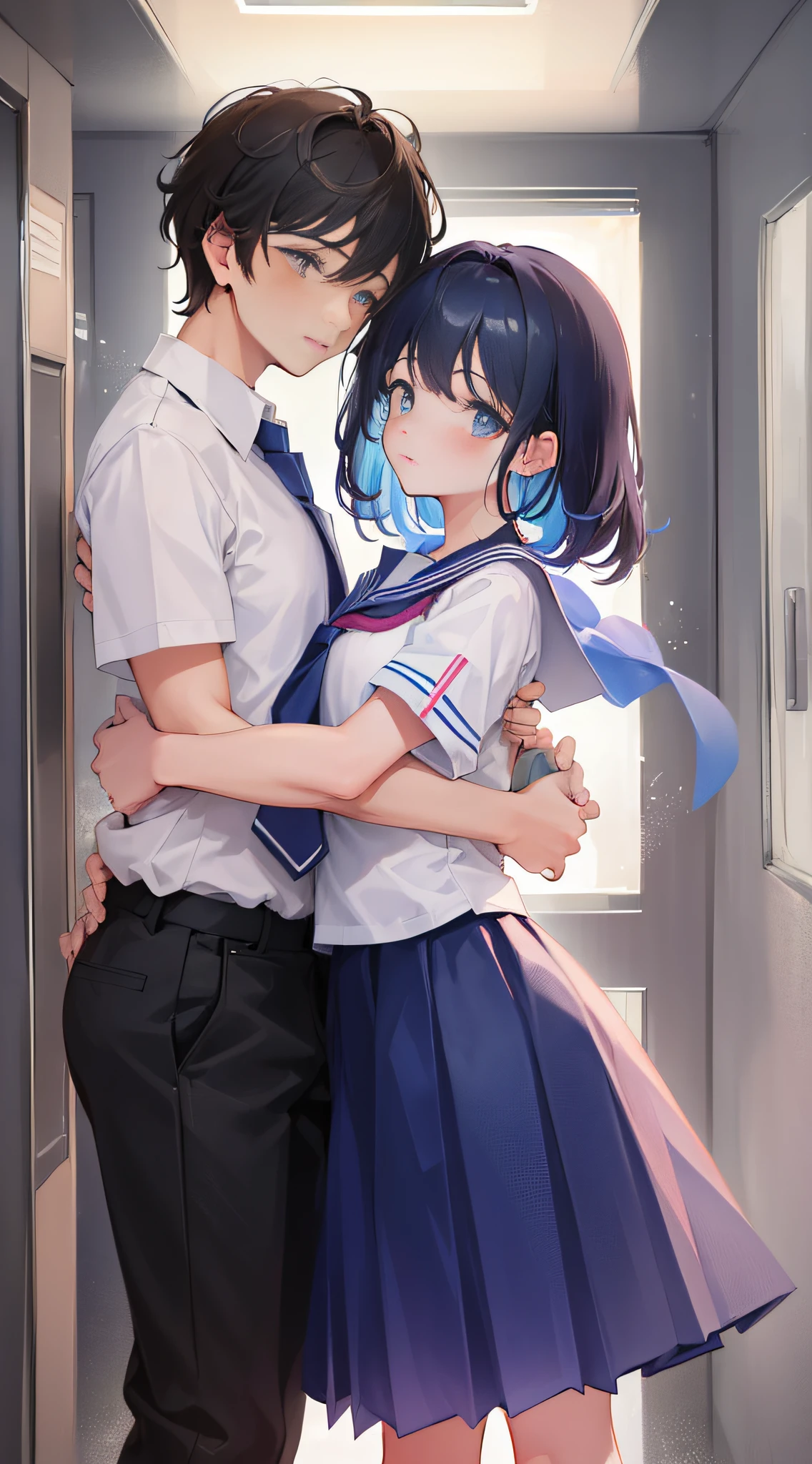 (((two people))), (boys and girls), ((school uniforms)), ((hugs)), ultra-detail, masterpiece, 8K, HD wallpapers, the best picture quality