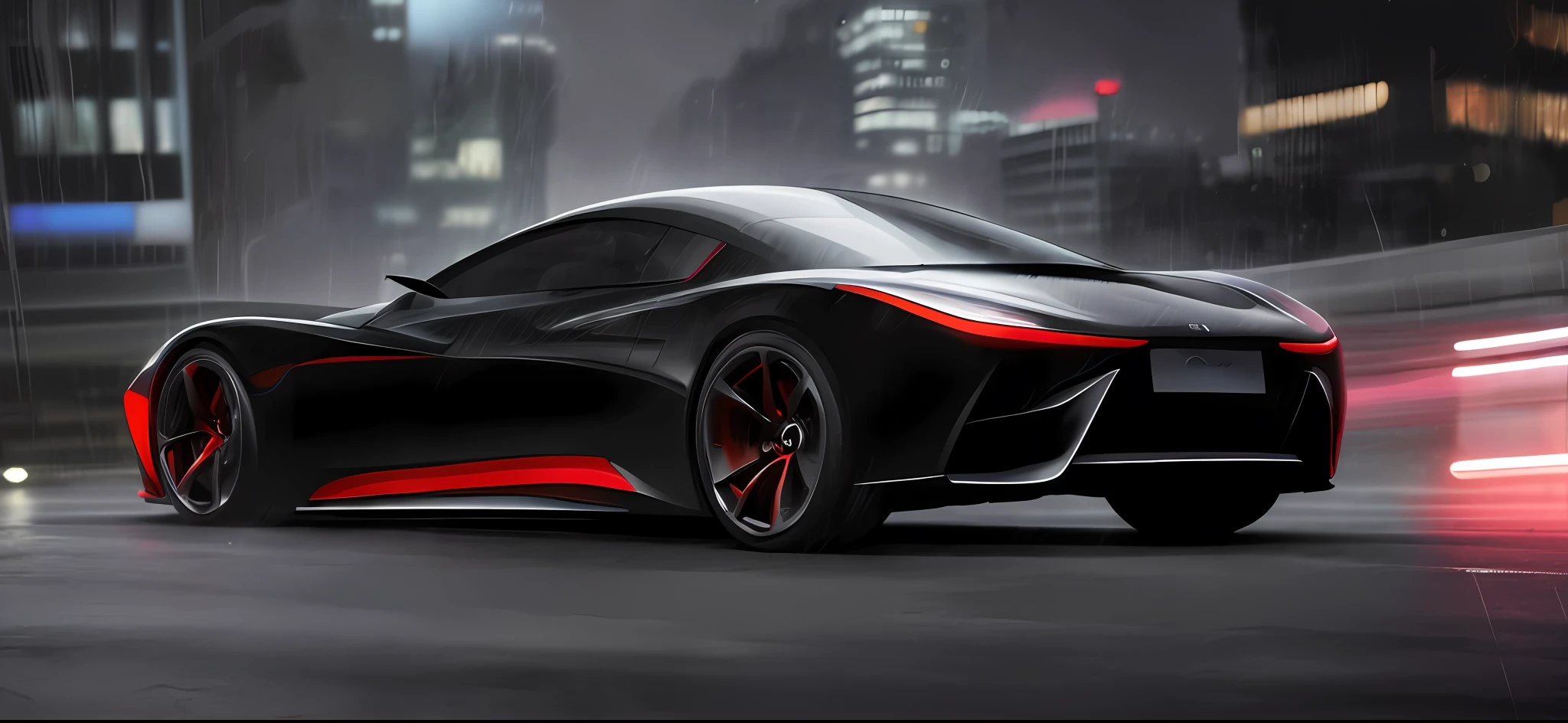 black car, concept car, futuristic concept car, smooth lines, powerful power, rendering of futuristic supercar, car in picture on rainy street, heavy rain, real rendering, real light and shadow, reflective details, city background, super high resolution