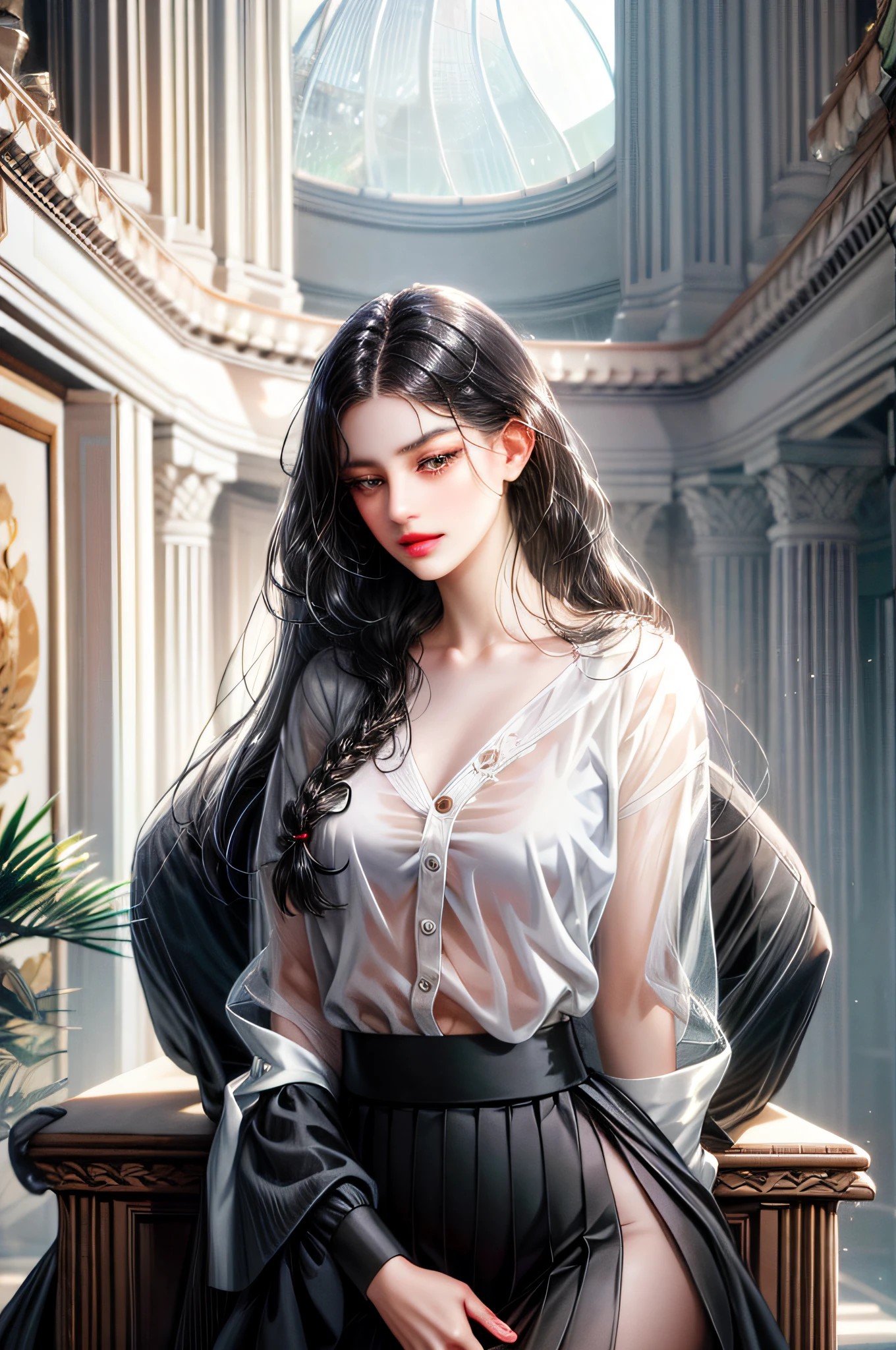 Girl with long straight black hair and brown eyes, beautiful, thin, flat, tall, girl with long straight black hair and brown eyes wearing businessman uniform, beautiful, thin, flat, tall, girl with long straight black hair and brown eyes wearing businessman uniform, beautiful, thin, flat, tall, businessman uniform slit, tight skirt woman, (( White sheer blouse,)), underwear bite, sexy pose, lower body slender