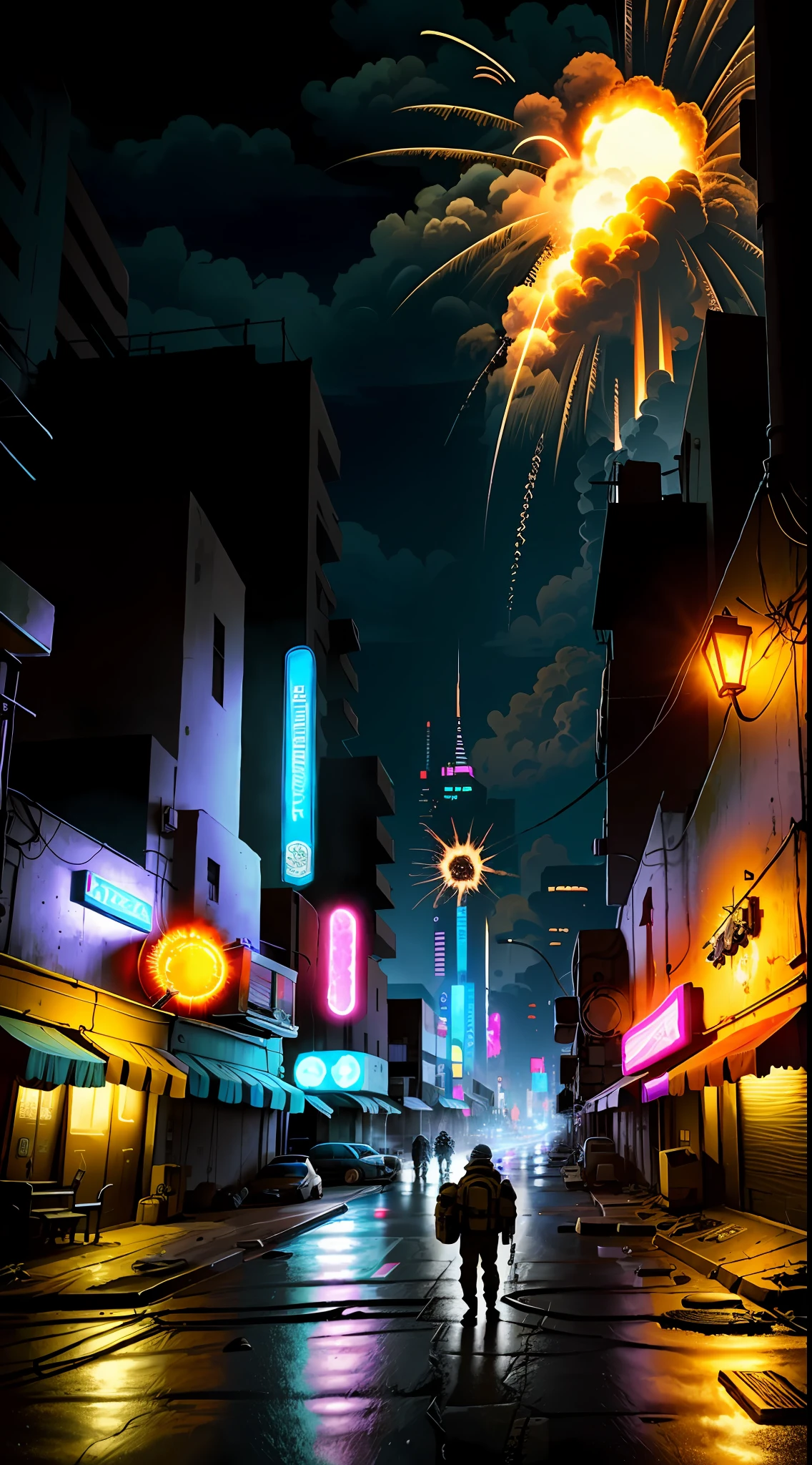 A cyberpunk street in the kirby city eating pizza that at the end of the street has exploded a nuclear bomb