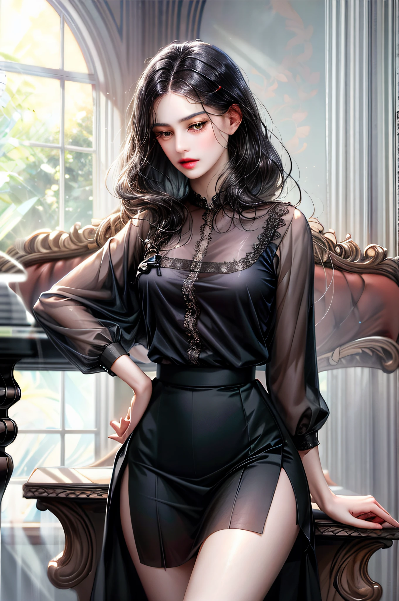 Girl with long straight black hair and brown eyes, beautiful, thin, flat, tall, girl with long straight black hair and brown eyes wearing businessman uniform, beautiful, thin, flat, tall, girl with long straight black hair and brown eyes wearing businessman uniform, beautiful, thin, flat, tall, businessman uniform slit, tight skirt woman, (( White sheer blouse,)), underwear bite, sexy pose, lower body slender