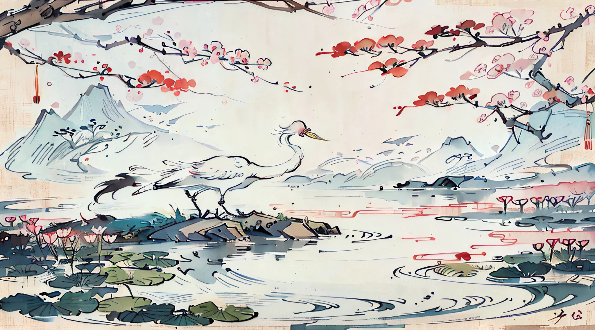 White crane painting in lotus pond, Chinese brush illustration, Chinese painting style, Chinese traditional painting, Chinese traditional ink painting, Chinese style painting, Chinese watercolor style, Chinese ink painting, beautiful artwork illustration, inspired by Xiao Yuncong, Chinese traditional art, Chinese painting, Zhongyuan Festival, inspired by Wang Yuanqi