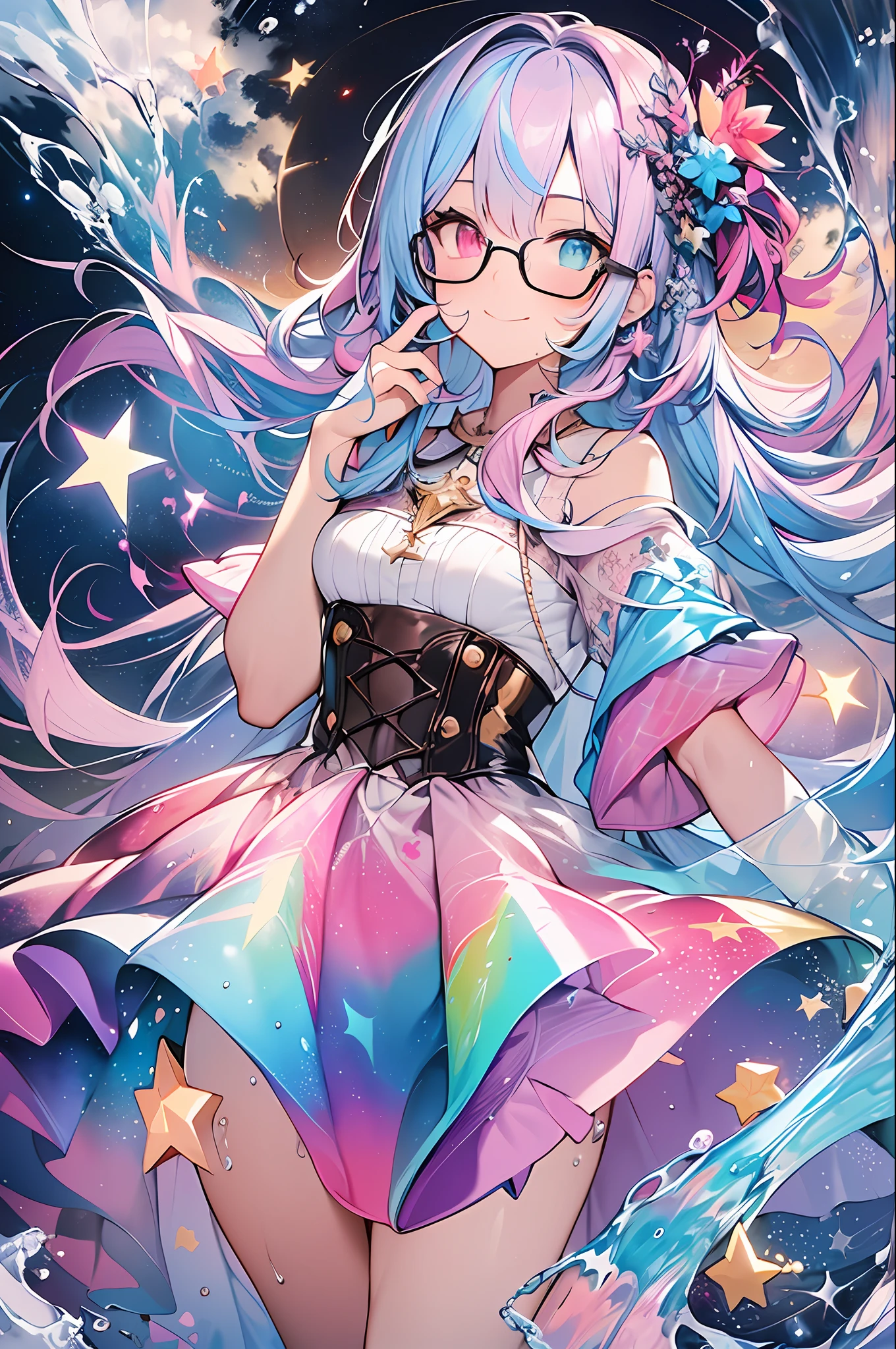 (Masterpiece, Best Quality, Best Quality, Watercolor (Medium), Official Art, Beautiful and Aesthetic: 1.2), (1 Girl: 1.3), (Fractal Art: 1.3), Full Body, Star-shaped Pupil, Pattern, (((iridescent hair, colorful hair, half blue and half pink hair: 1.2)), water, liquid, cloud, colorful, starry, star, smile, glasses, close-up, heterochromia, (Colorful: 1.5), galaxy, looking up at the stars