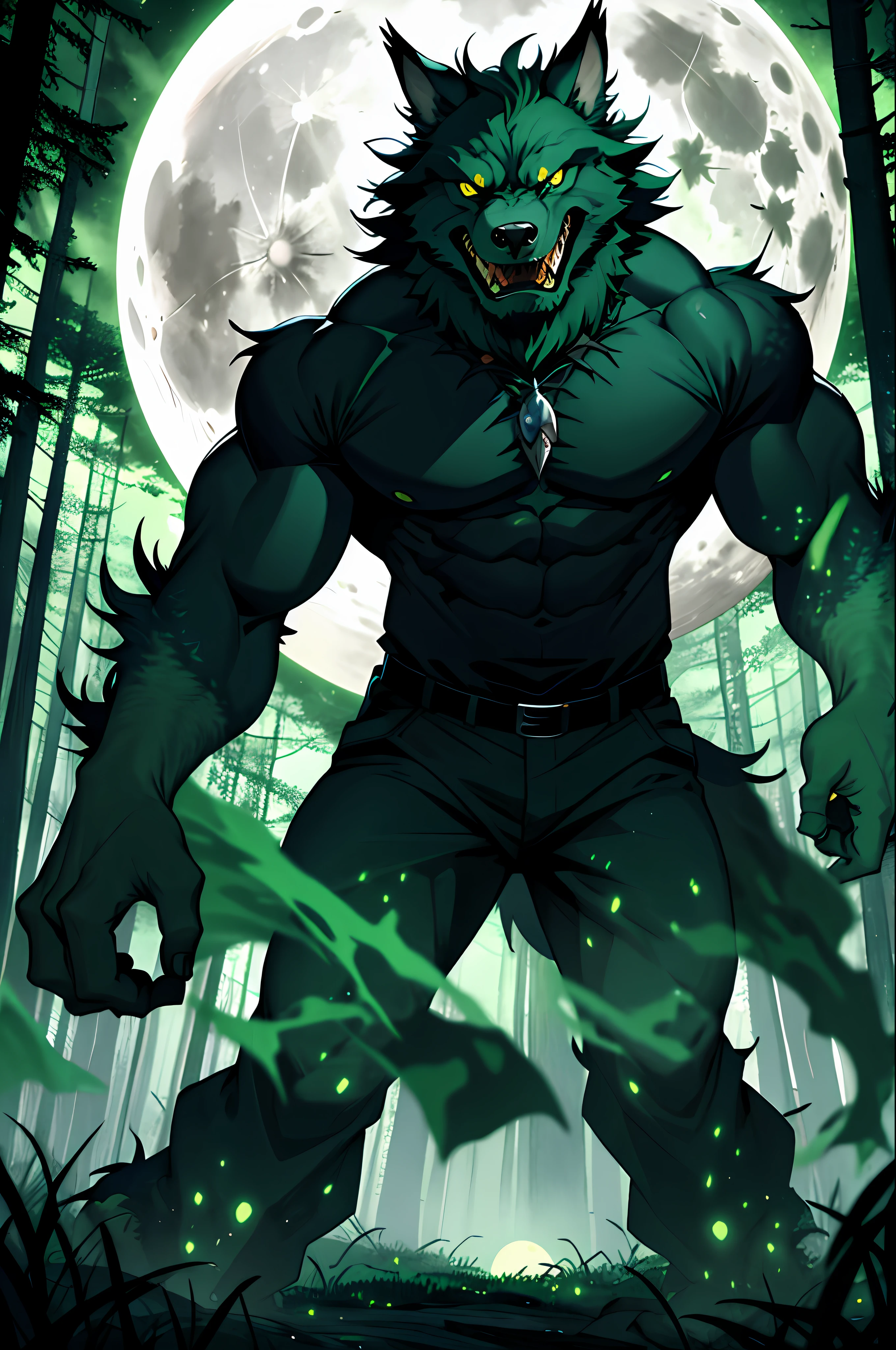 Monstrous green werewolf with fierce face, rage, ferocious, frenesi, mystical forest background, night, full moon, darkness