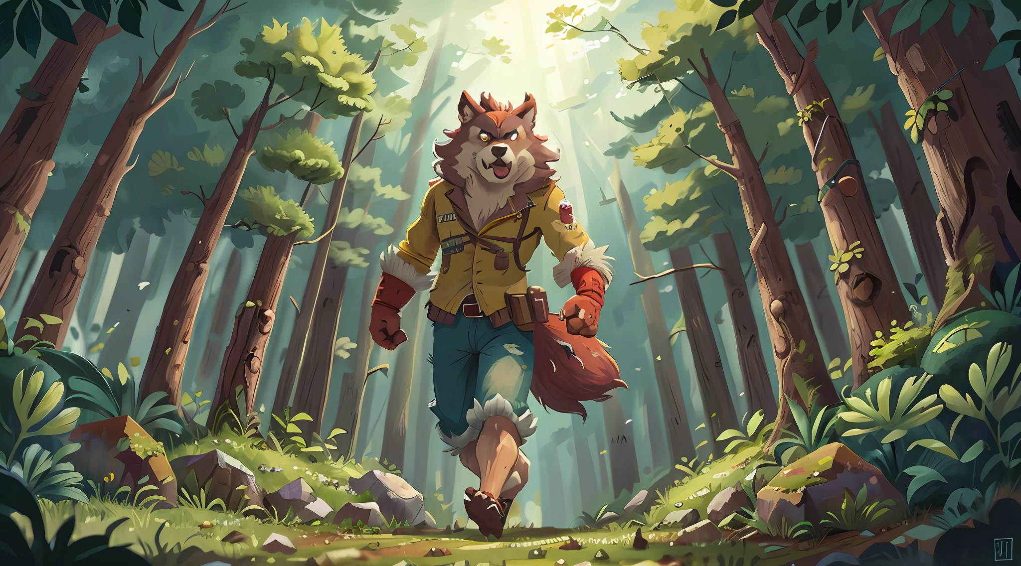 A fierce and hungry human wolf, blowing wooden house