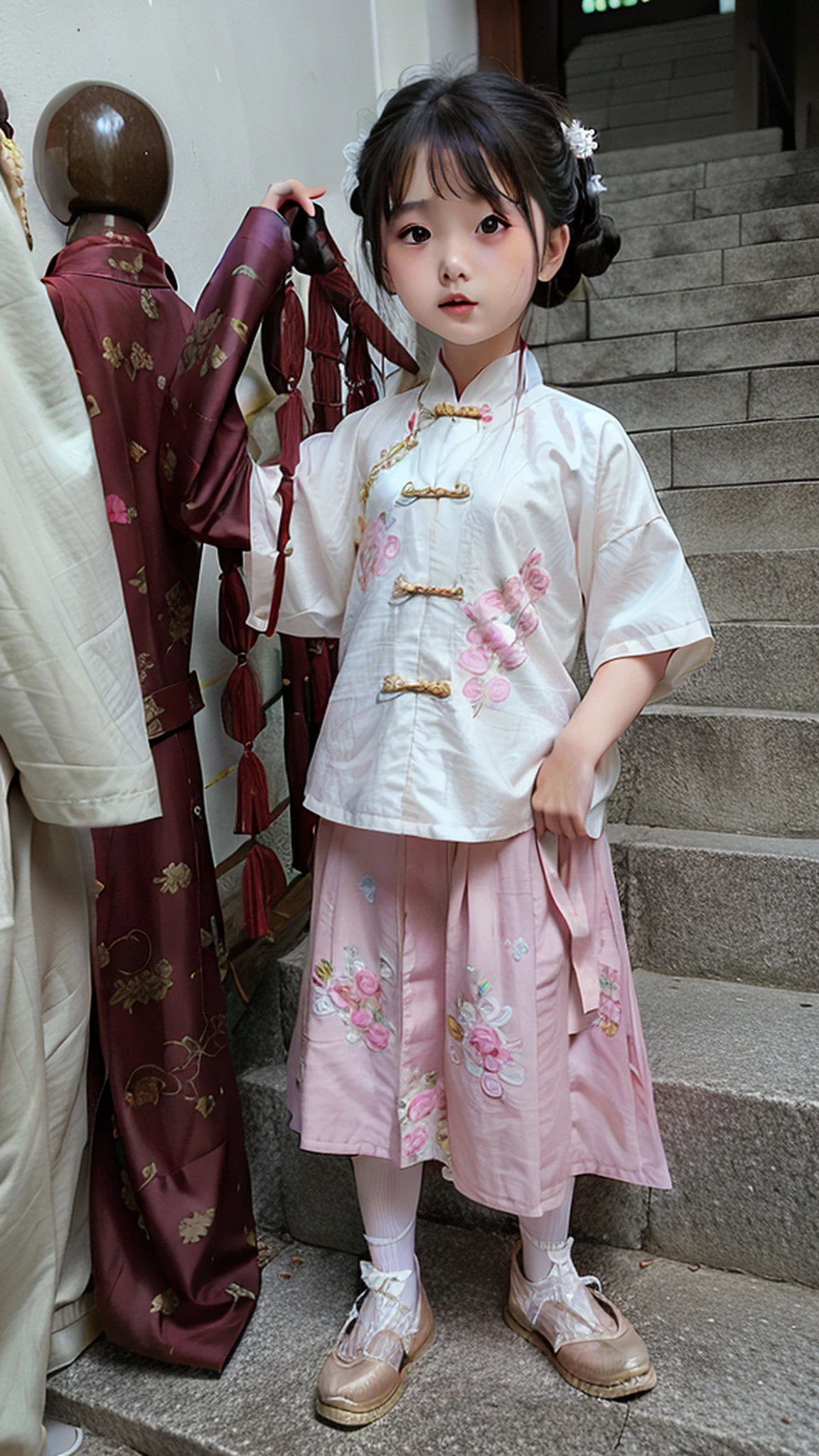arafed standing on a set of stairs in a pink dress, traditional chinese clothing, with acient chinese clothes, traditional chinese, traditional tai costume, chinese costume, chinese dress, traditional clothes, chinese style, wearing ancient chinese clothes, traditional dress, wearing pink floral chiton, traditional clothing, dressed with long fluent clothes, wearing authentic attire