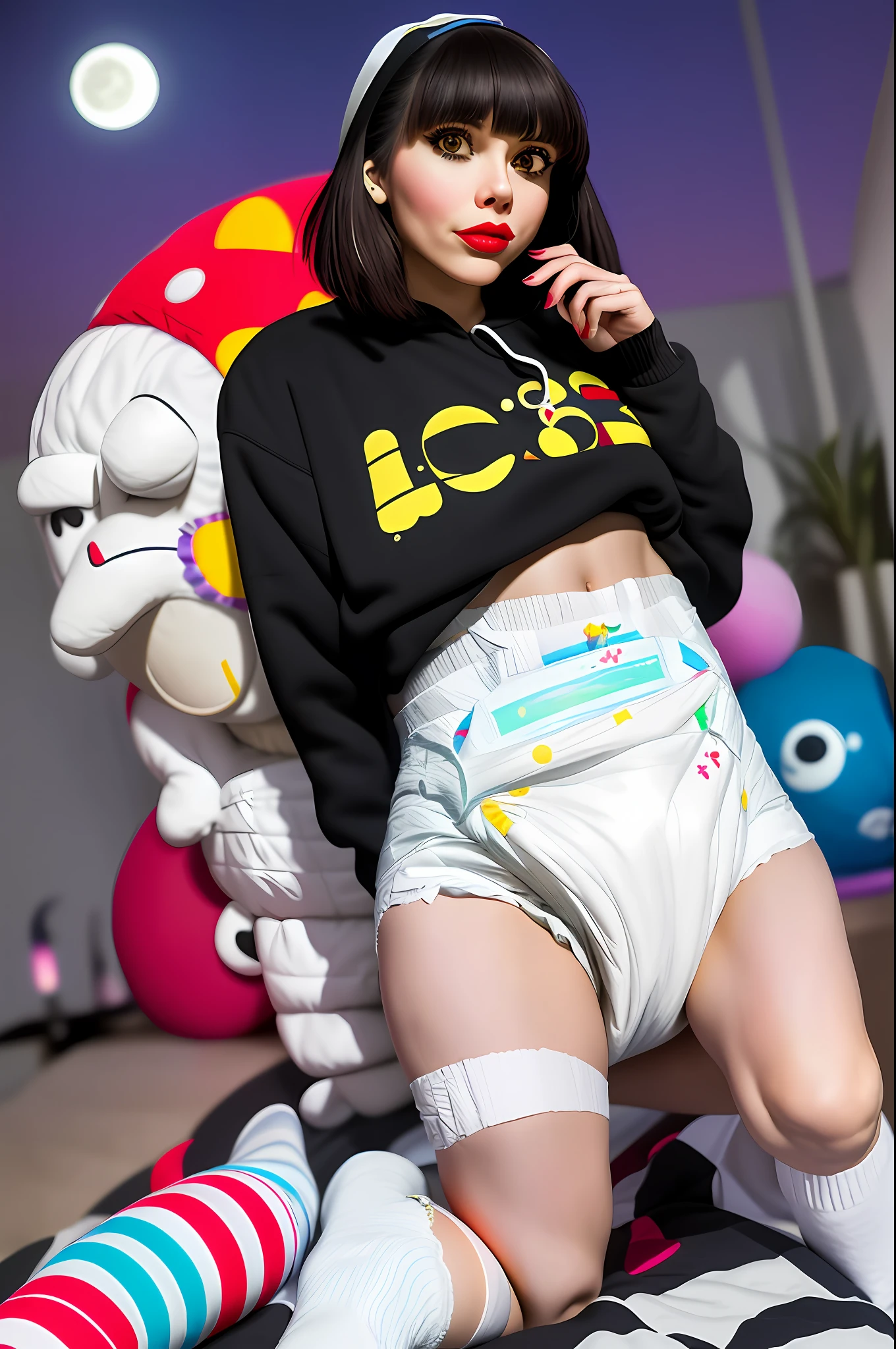 high quality, bokeh, solo, ((1 woman, 29 years old), (wearing diaper), ((diaper ribbons)), striped socks, moon behind character, (wearing sweatshirt), bangs, red lipstick