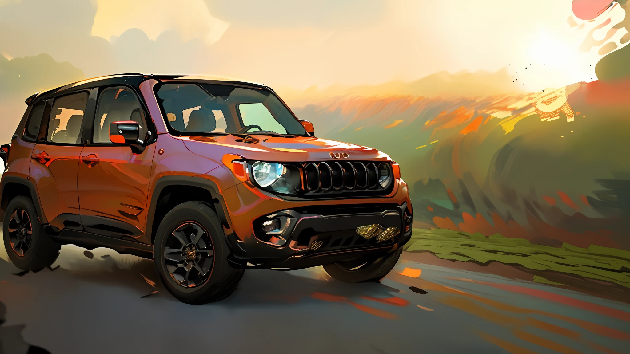 Jeep Renegade driving on a road at sunset with clouds in the background, Jeep Renegade, Golden Hour Shot, Cinematic Front Shot, , a Wide Full Shot, , Ultra Wide-shot, Jeep Renegade in the background, Panoramic Full Shot, Taken in the Golden Hour, Cinematic 🤬 🎀 🤮 💕 🦩🪐🐞👩🏻🦳 Full Shot