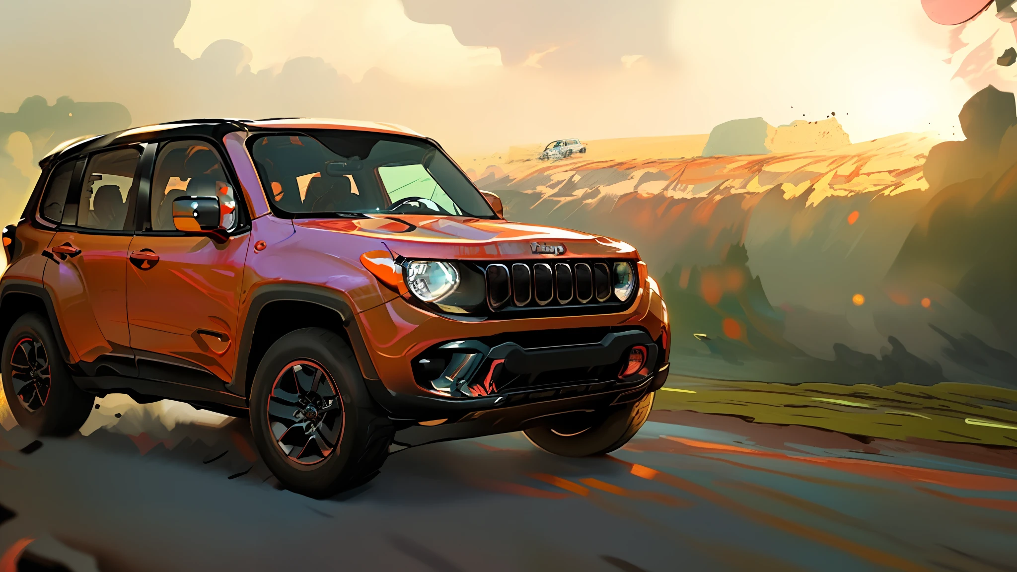 Jeep Renegade driving on a road at sunset with clouds in the background, Jeep Renegade, Golden Hour Shot, Cinematic Front Shot, , a Wide Full Shot, , Ultra Wide-shot, Jeep Renegade in the background, Panoramic Full Shot, Taken in the Golden Hour, Cinematic 🤬 🎀 🤮 💕 🦩🪐🐞👩🏻🦳 Full Shot