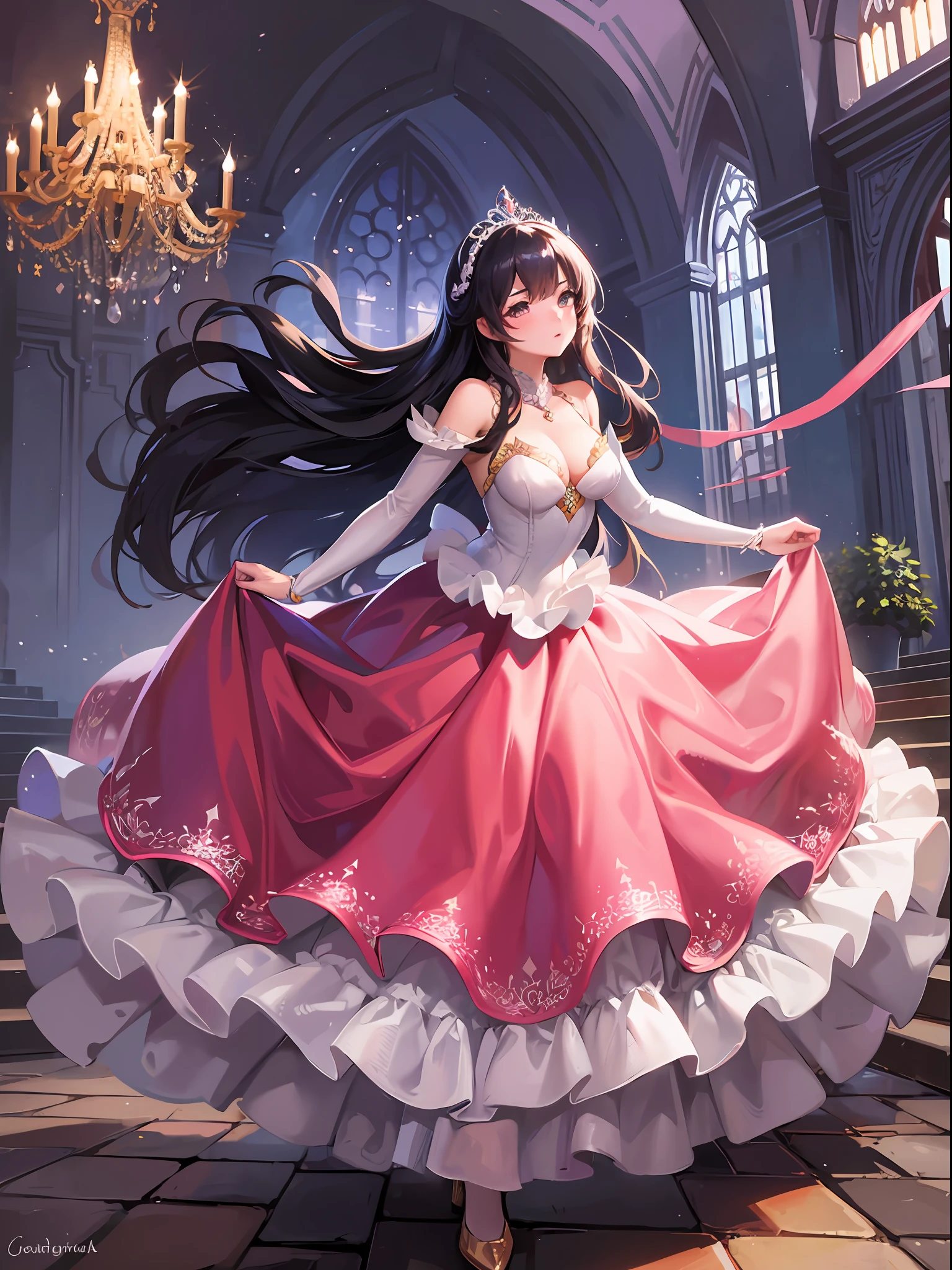 A beautiful girl in a ball gown and tiara, dancing in a ballroom. Content: acrylic painting. Style: elegant and romantic, like a Disney princess.