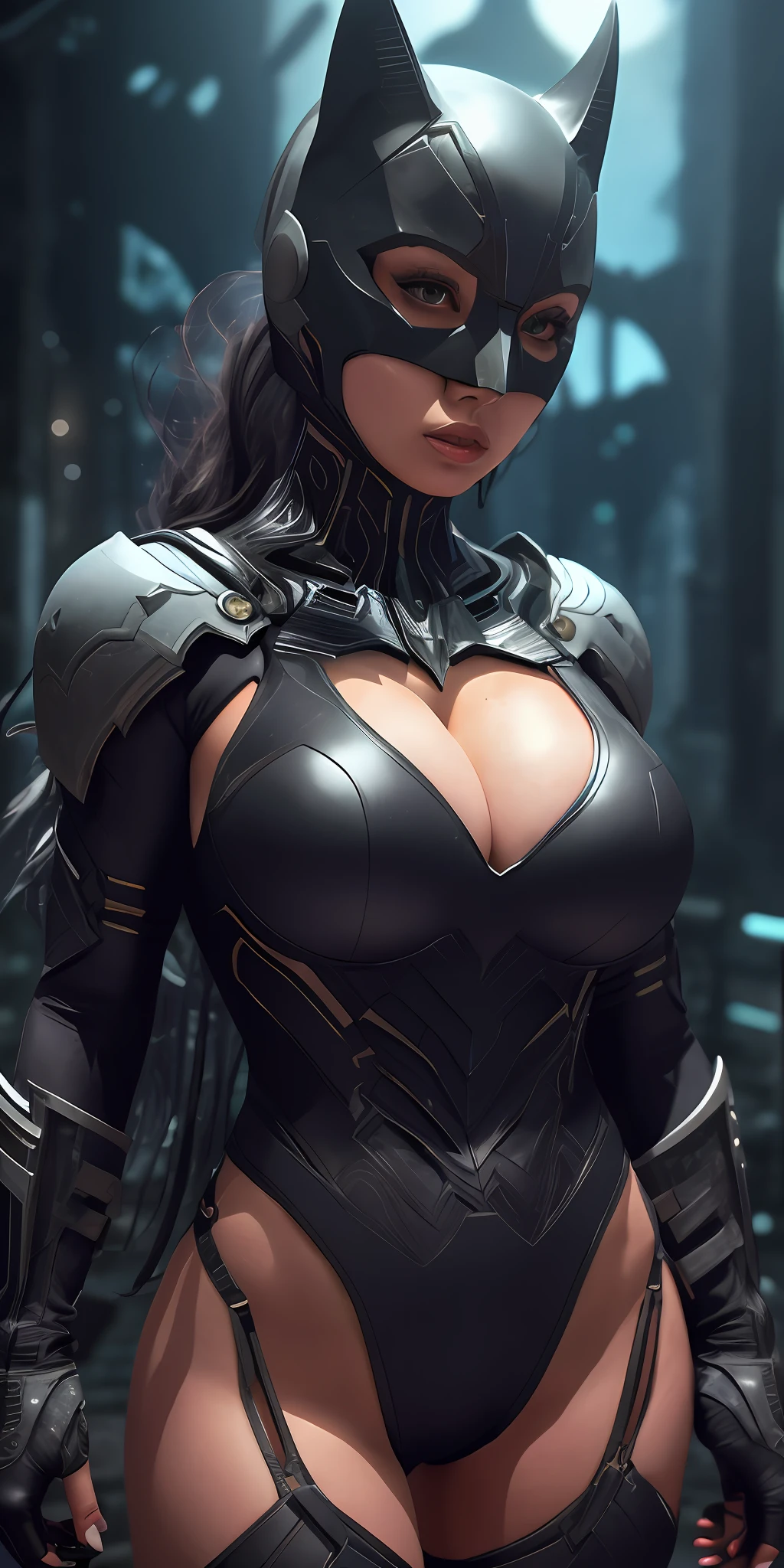 1 girl in Batman suit from the dark knight stands imposing in a gothic lost city. gigantic cleavage breasts with perfect body: 1.4, Slim abdomen: 1.2
, Moonlight highlights your muscles and scars. The scenery is lush and mysterious, with futuristic tech and surroundings. The camera details everything, a warrior woman,