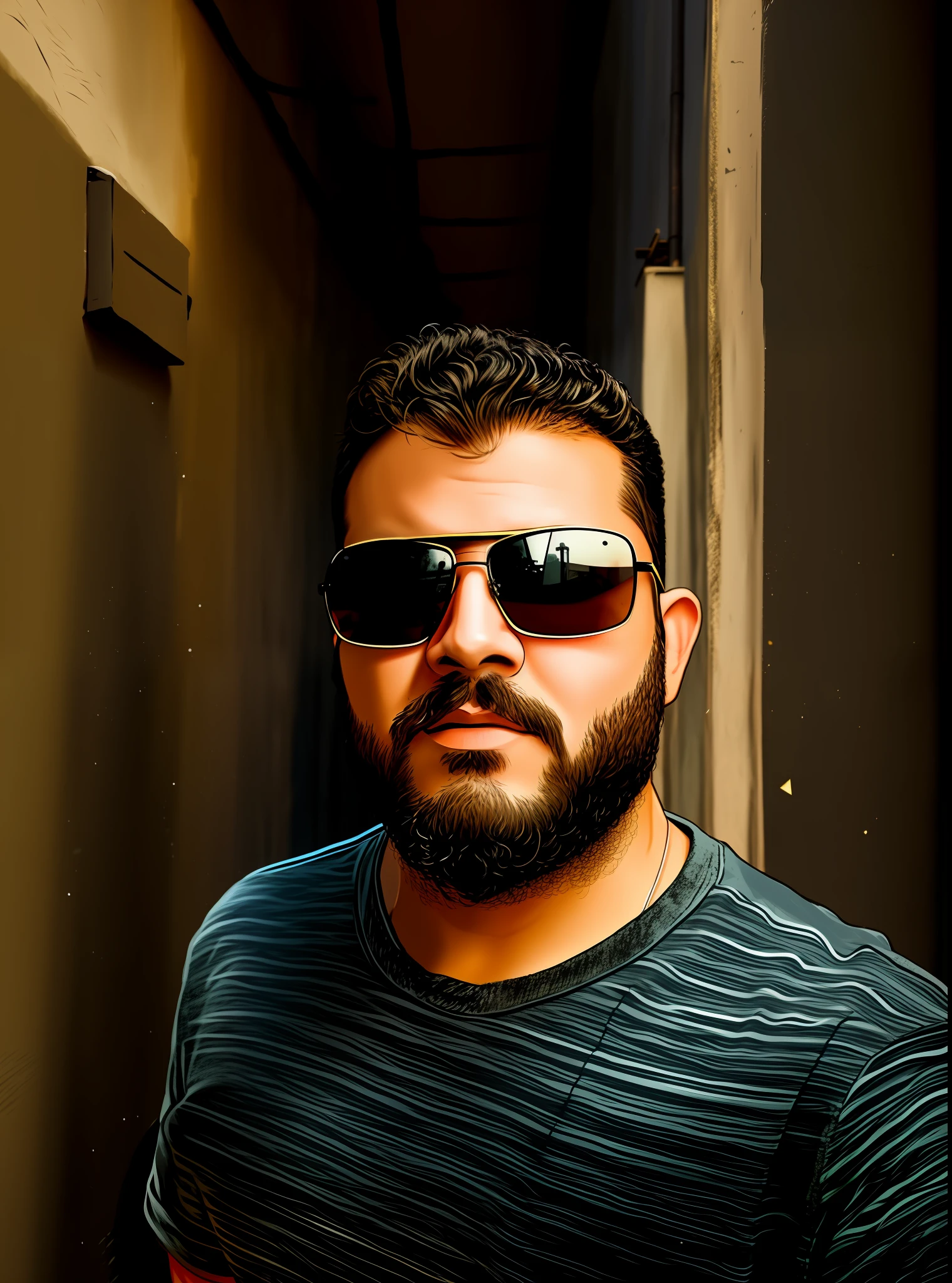 Arafed man with sunglasses and beard standing in a narrow alley, realistic animation style, in anime format